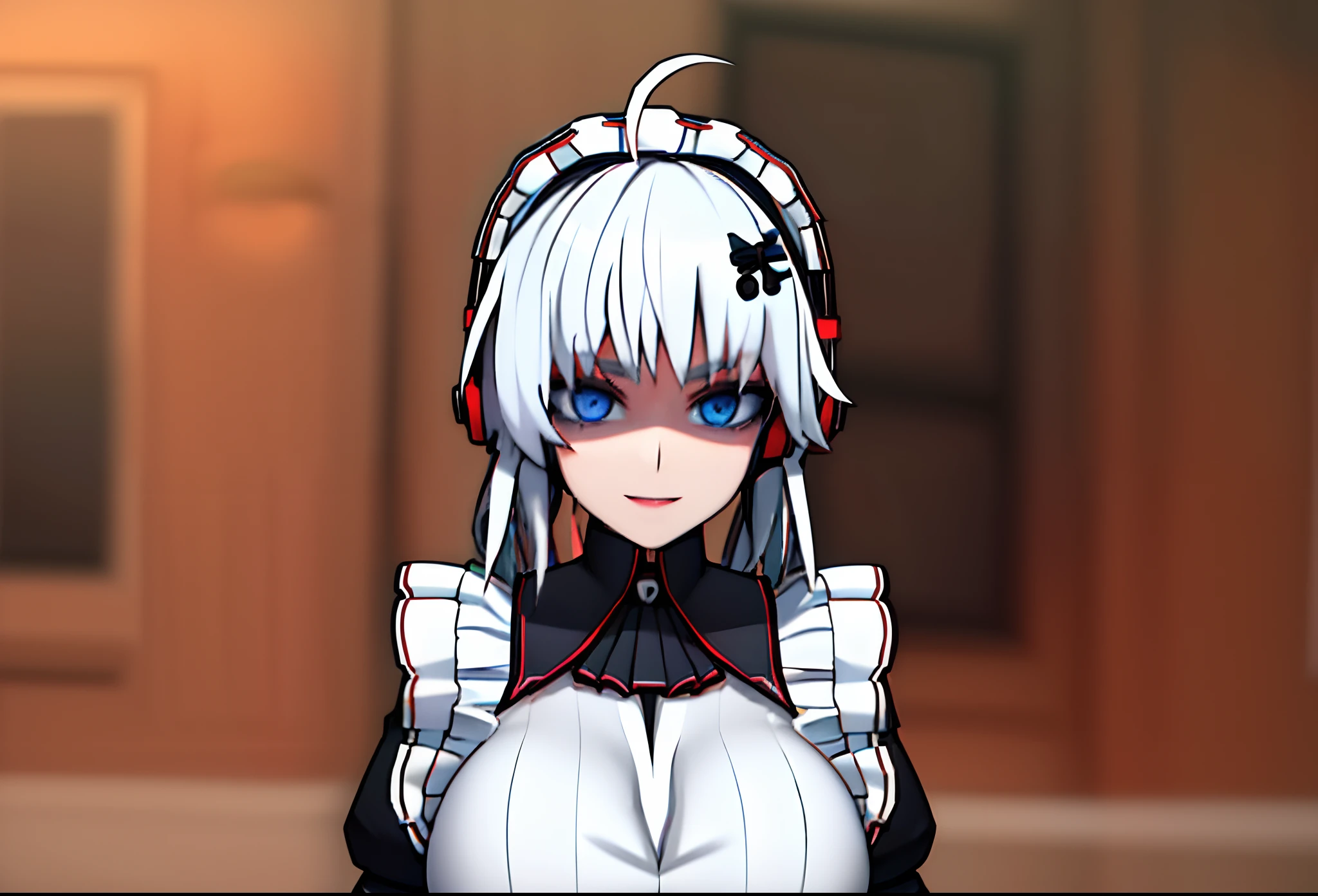 (Happy eyes: 1.8) (The left eye is blue: 1.5)(The right eye is red: 1.5) (Looking forward: 1.5) Anime character in black and white costume and headphones, anime girls in maid costumes, Cool 3D Anime Girl Rendering, anime girls in maid costumes, maid clothes, gorgeous maid, white haired god, Blue and Red Odd-Eye