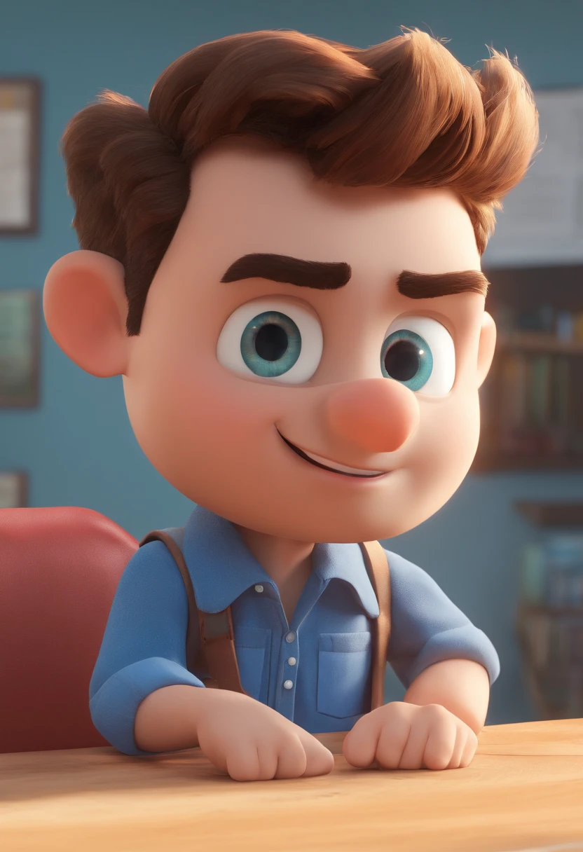 Um homem estilo 3D Pixar olhando para a frente. parecendo cerca de 40 anos, Wearing a blue button-down shirt. sem barba no rosto. Sorriso natural. Blue eyes and short brown hair with a bit of baldness. The skin is brown and the face is thin. corpo de um homem atletico.