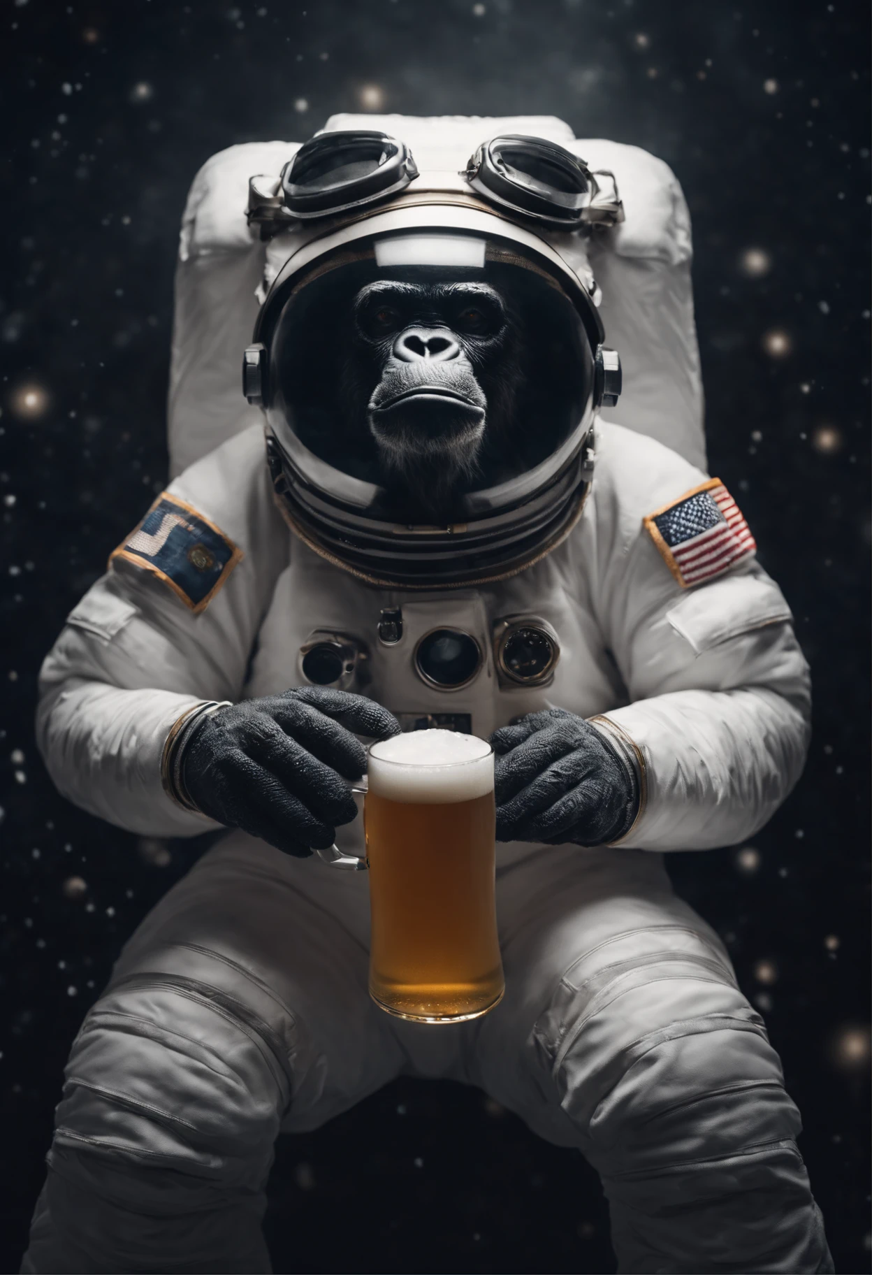 A Yeti themed Astronaut costume, yeti head, floating in space, empty space, in the distant center holding a beer, depth of field, focus on the beer, full body portrait, advertisement style, no words