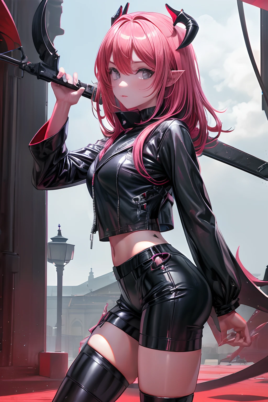 1girl, Demon girl, foco nítido, (Pele rosa:1.3), Corpo Perfeito, (olhos cor-de-rosa:1.2), (cabelo preto curto:1.3), (black demon horns:1.2), orelhas pontudas, vestido, (black latex shirt:1.2), (Black latex shorts:1.2), clivagem, (seios grandes:1.2), coxas grossas, Camelo, suar, Sucos, DSLR, alta qualidade, (8k, Foto RAW, best quality, master part:1.2),ultra-detalhado, (fundo do quarto:1.2)