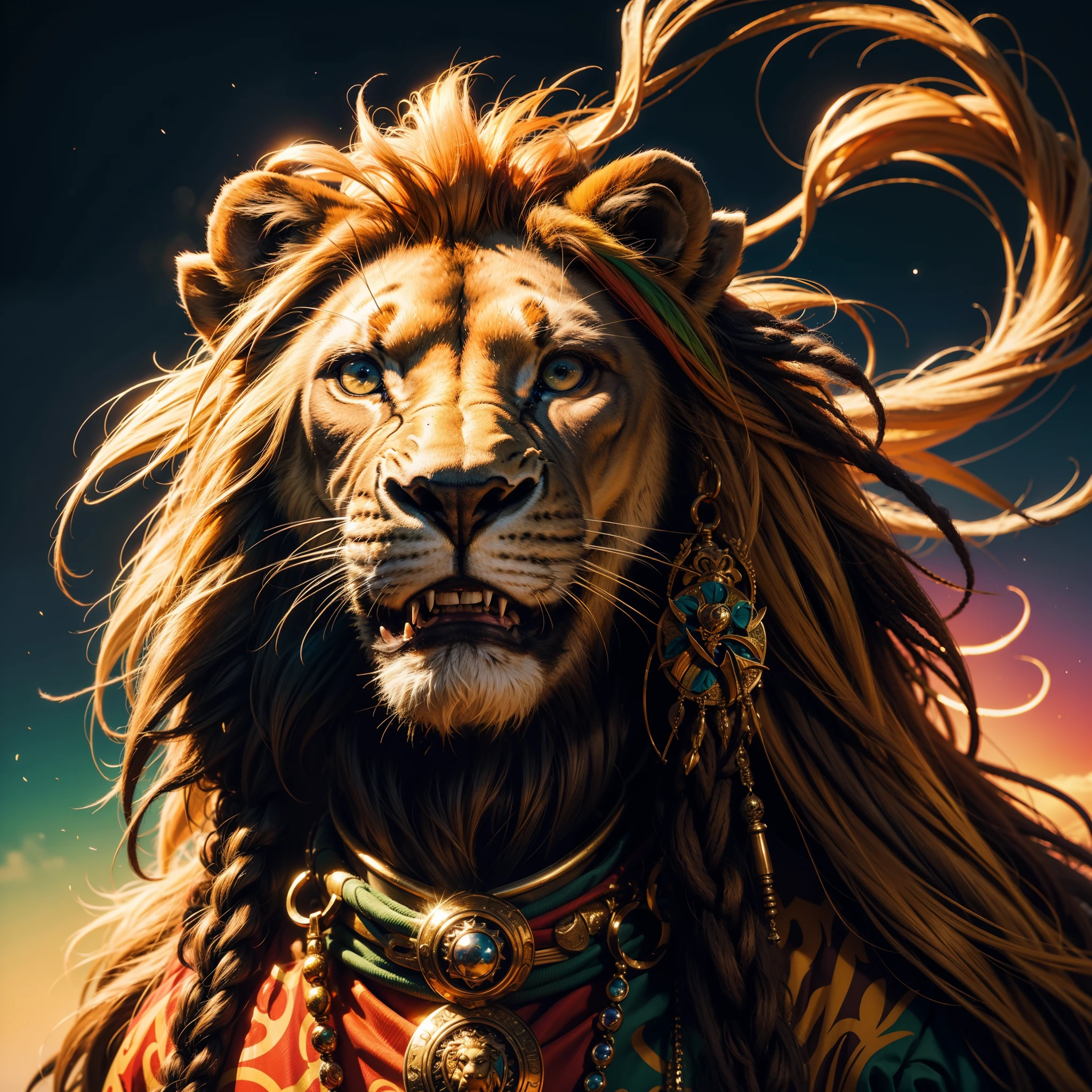 (Un grand lion africain rastafari) with vibrant colors in the style of Steel Pulse's Living Legacy album cover : Create a print that depicts a lion, Symbole important dans (Culture rastafari), with vivid colors and intricate details. Explorez la combinaison de rouge, jaune et vert, What are the representative colors of the movement?. Darkfield and lighting in the image to make it stand out, Contrast between figures and backgrounds, . Image with a resolution of 300 dpi, Contrasting lighting between the figure and the background, Interesting and eye-catching image, Hyper-detailed and ultra-high resolution, image vectorielle. Centered image, symmetry, (fond noir), hyper detailed