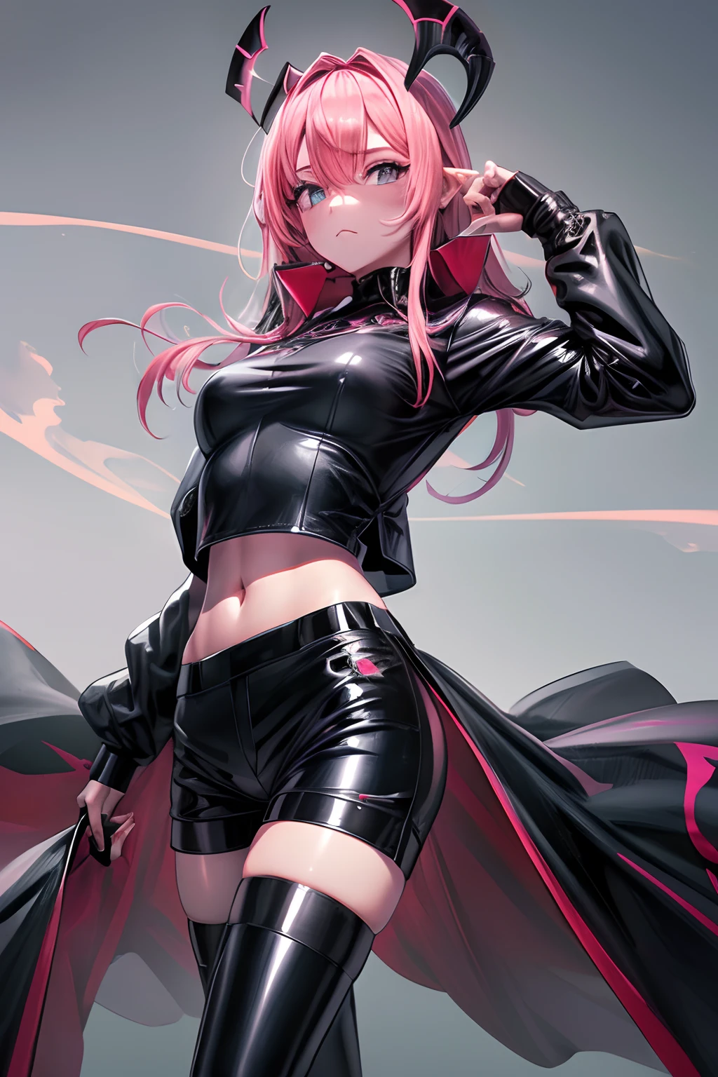ltra-detailed, Girl, beautiful eyes, red eyes, , cute figure, cute face, smirk, scary smile, executioner, cyberpunk style goggles on head, sharp eyes, wild and daring, hair color is pink gradient with black accent on left side only, hair in bun , bob-cut bangs, dressed as a dystopian punk, large military design jacket, black shorts, thigh-high knee socks, boots, leather gloves with fingers cut off, chainsaw with pretty decorations on hand, pink cloth-clad hell's death squad in background Strong men, composition like a scene from a movie, 16K. a scene from a movie, 16K, top quality, masterpiece