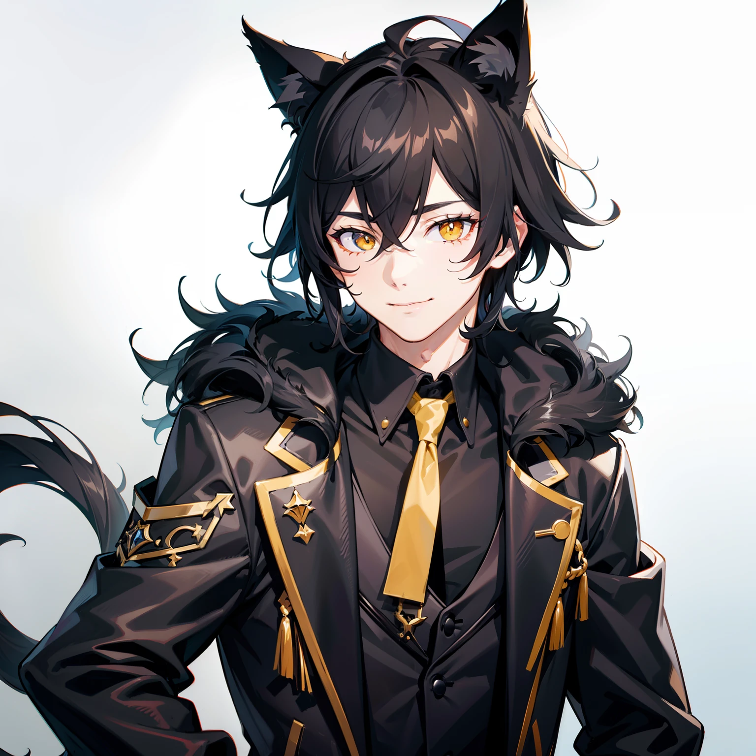 ultra-detailliert, Best Quality, finely detail, Anime Boy, Someone, 1 boy, Man's, Black hair, Medium Hair, Messy pointed hair, voluminous and untidy hair, Black fur jacket, Black clothes, Cat ears, Animal ears, Black cat tail, Black shorts, Smile, relaxed expression, Happy smile, Anime Smile, the hood around the neck is very large,, White eyes, yellow pupils, extremely detailed eye