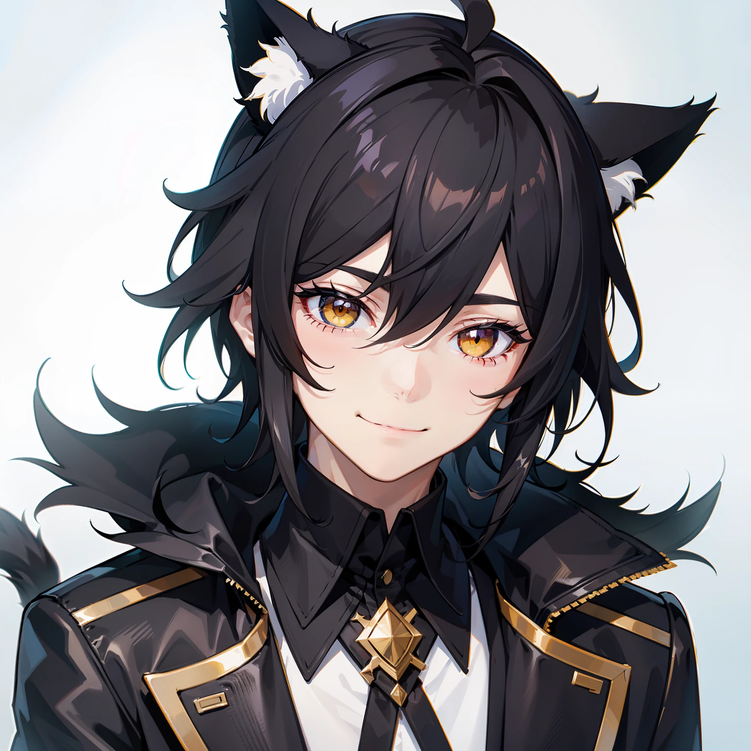 ultra-detailliert, Best Quality, finely detail, Anime Boy, Someone, 1 boy, Man's, Black hair, Medium Hair, Messy pointed hair, voluminous and untidy hair, Black fur jacket, Black clothes, Cat ears, Animal ears, Black cat tail, Black shorts, Smile, relaxed expression, Happy smile, Anime Smile, the hood around the neck is very large,, White eyes, yellow pupils, extremely detailed eye