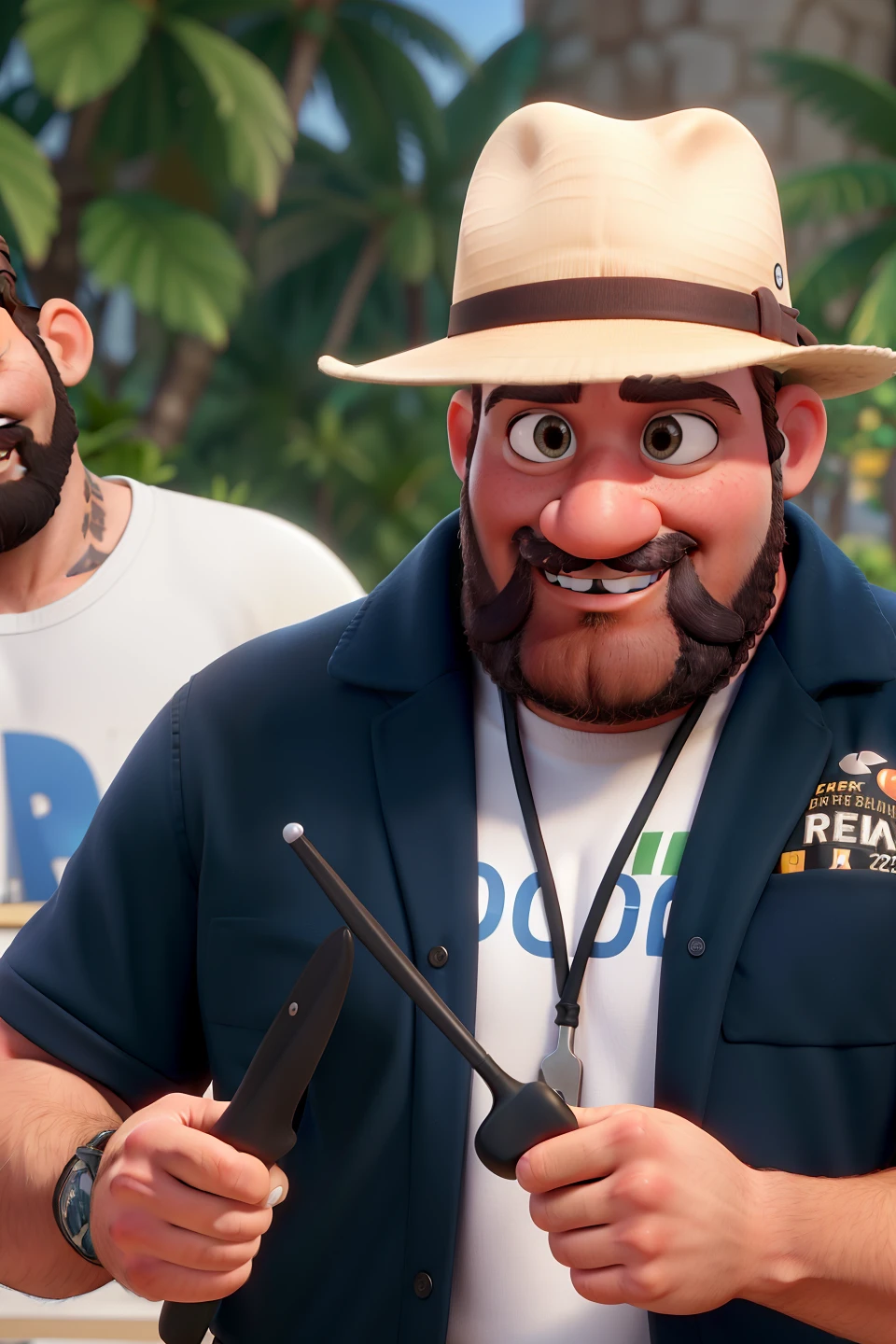 Create a 3D pixar poster with the name "Giro em Porto" in a Porto Seguro scenario. Eu sou um homem, chef de cozinha, com barba e bigode um pouco maior que a barba, I have strong athletic build, Brown hair with a gradient cut on the sides and classic hairstyle on top. Pela branca levemente bronzeada. Gosto muito de churrasco e carnes. Tenho tatuagens no peito, Shoulder and forearms.