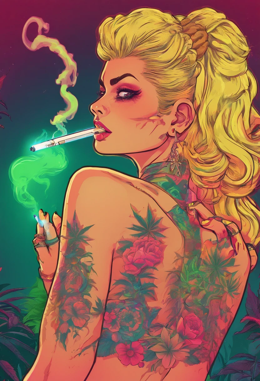 sexy woman with tattoos smoking a marijuana cigarette with neon lights and smoke.