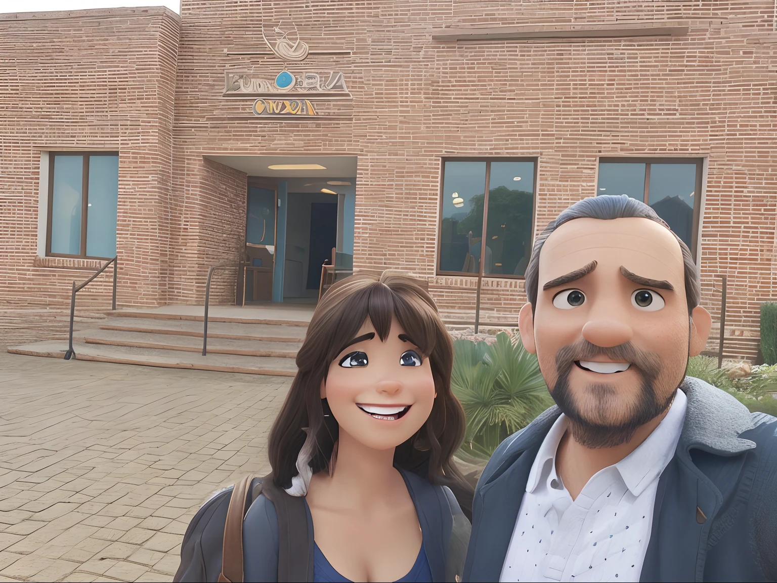 Imagem disney pixar de um casal moreno, mulher com franja e cabelo na altura do ombro, homem com pouco cabelo e barba rala, The two of them are smiling