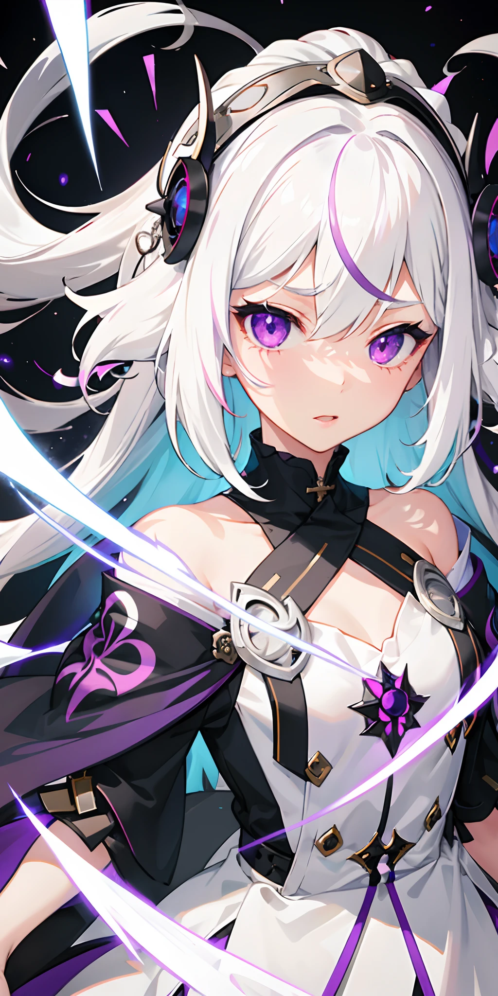 1girl, white hair, multicolored hair, purple eyes, mask on head, sidelighting, light particles, wallpaper,