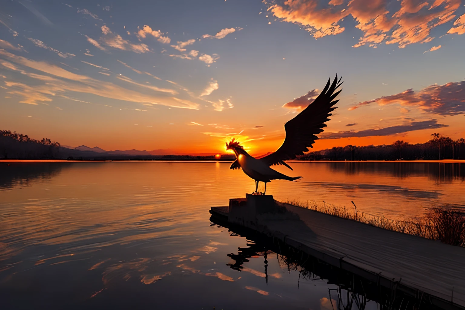 A phoenix on a lake with the sunset in the background