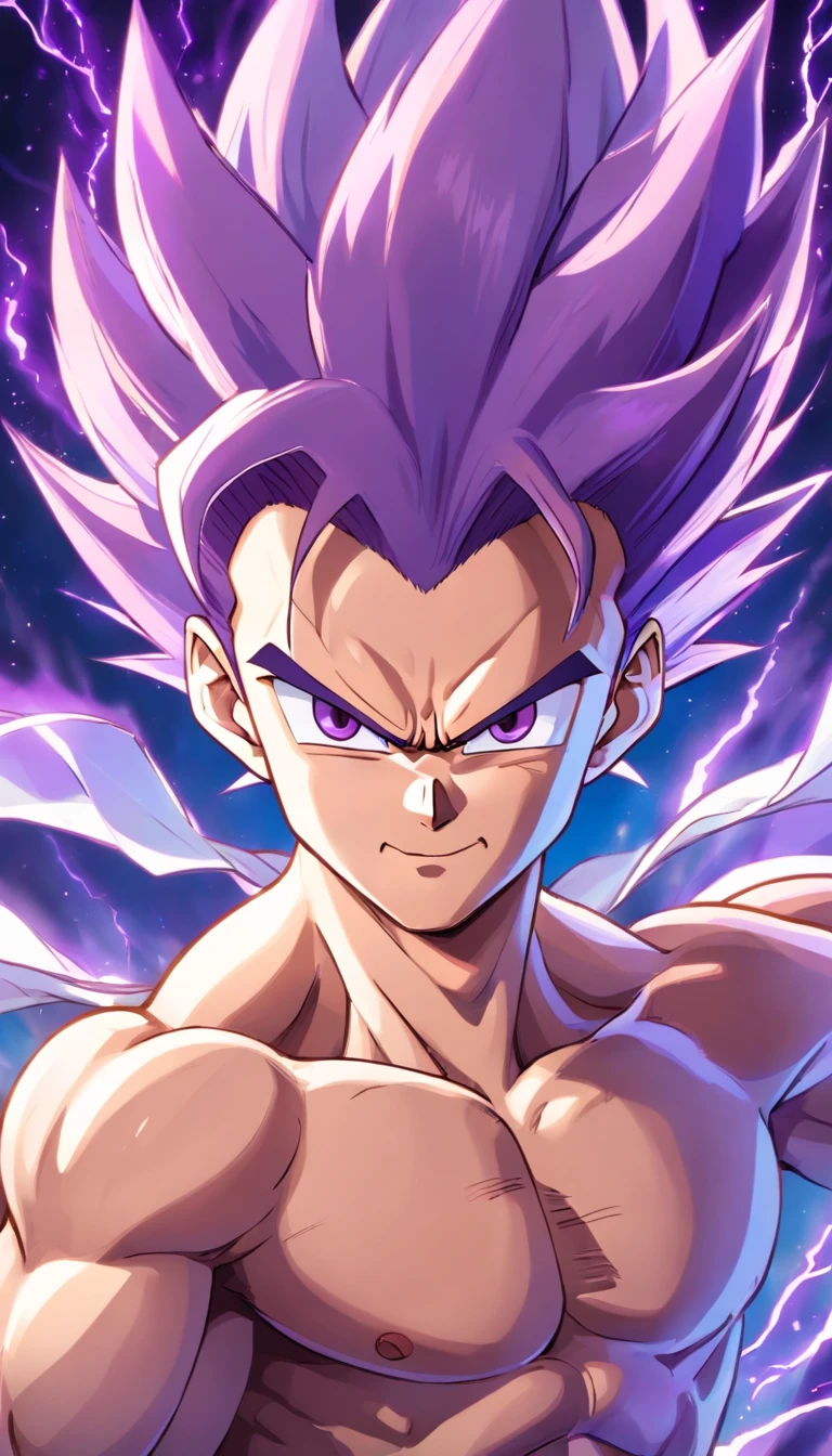 The perfect art of Vegeta's superego, Purple hair and eyes, Wrapped in purple energy and rays, The expression is serious, chiseled muscles, realistic shaded, incredibily detailed, perfect eyes, Perfect hands, full bodyesbian, blue attire, Dark sky in background.