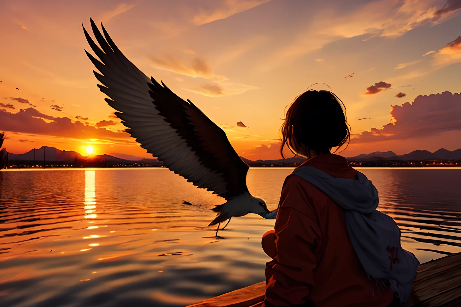 A phoenix on a lake with the sunset in the background