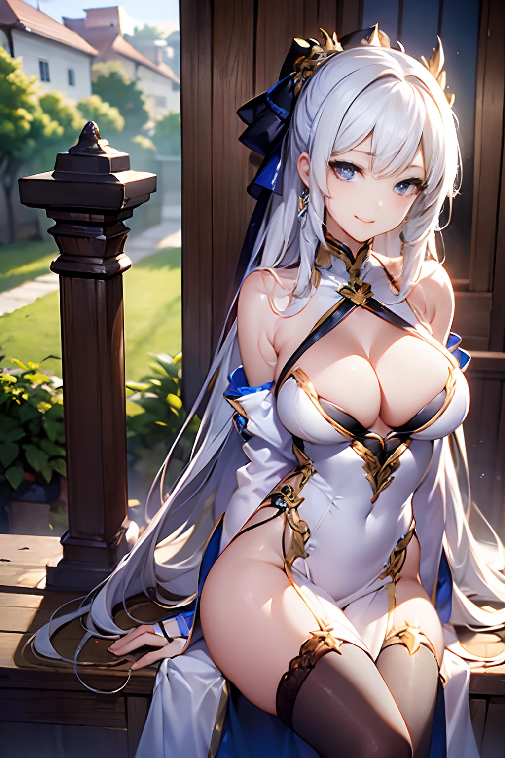 top-quality、​masterpiece、超A high resolution、(Photorealsitic:1.4)、1girl in、Shoulder、enticing、looking in camera、smil,white  hair、Colossal tits、Healthy skin、Delicate skin、