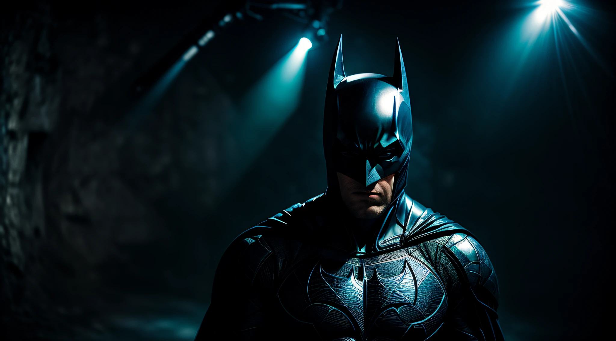 Batman in the Batcave, surrounded by an array of high-tech crime-fighting equipment, an atmosphere of cutting-edge secrecy, Photography, studio lighting, macro lens,