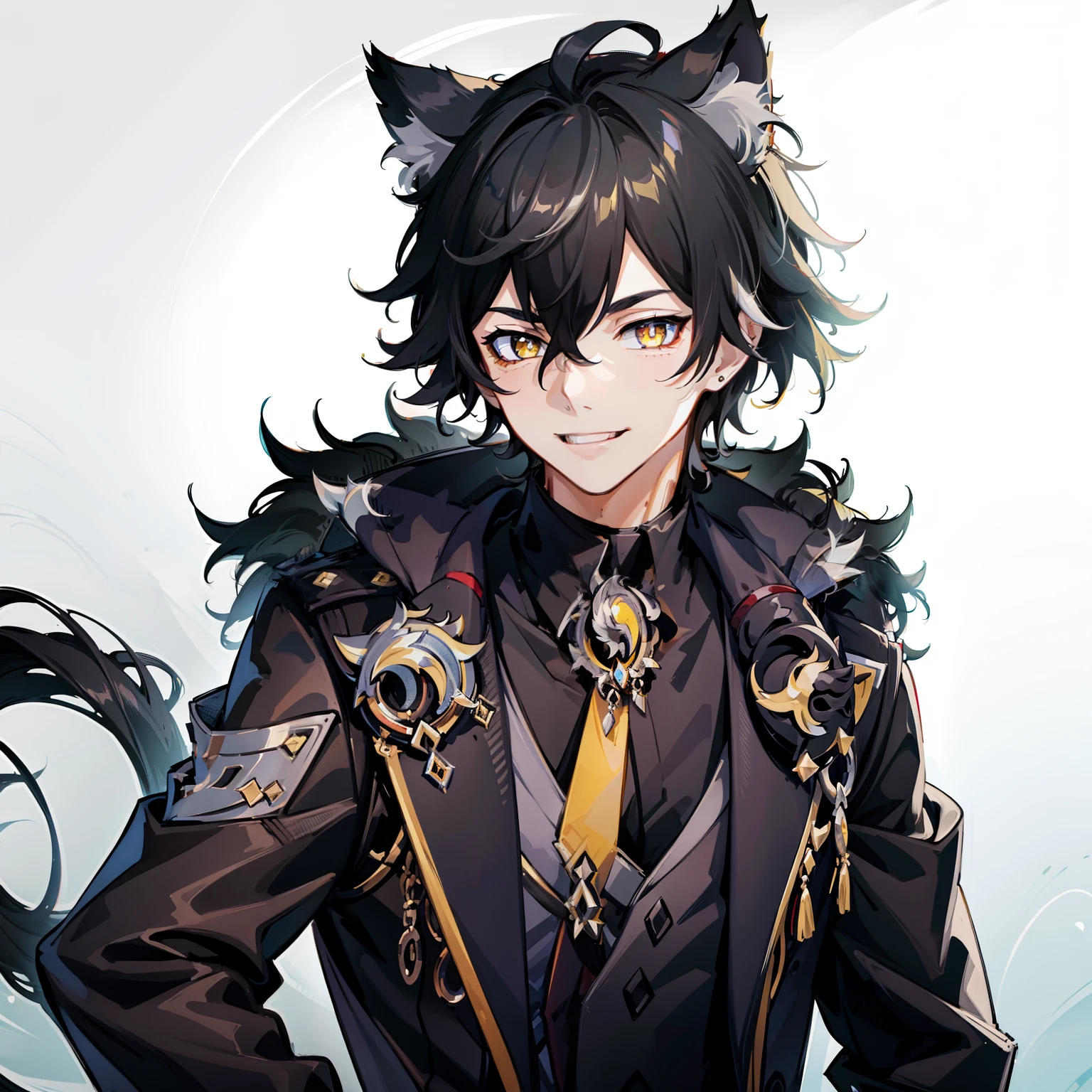 ultra-detailliert, Best Quality, finely detail, Anime Boy, Someone, 1 boy, Man's, Black hair, Medium Hair, Messy spiky hair, voluminous and untidy hair, Black fur jacket, Black clothes, Cat ears, Animal ears, Black cat tail, Black shorts, Smile, relaxed expression, Happy smile, Anime Smile, The hood around the neck is very large,, White eyes, yellow pupils, extremely detailed eye