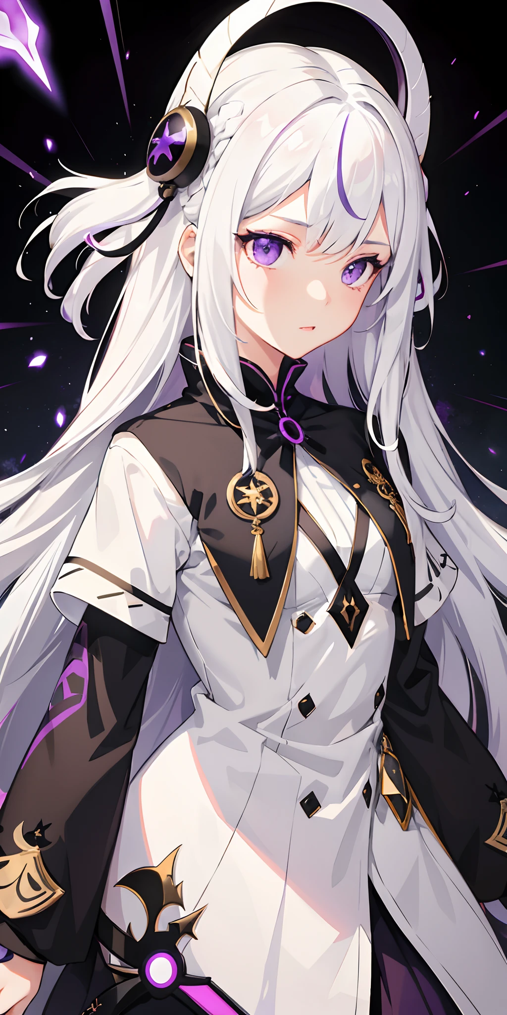1girl, white hair, multicolored hair, purple eyes, mask on head, sidelighting, light particles, wallpaper,