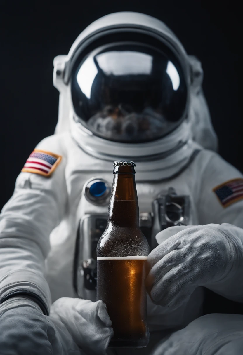 A white Yeti themed Astronaut costume, yeti head, floating in space, empty space, in the distant center holding a beer, depth of field, focus on the beer, full body portrait, advertisement style, no words