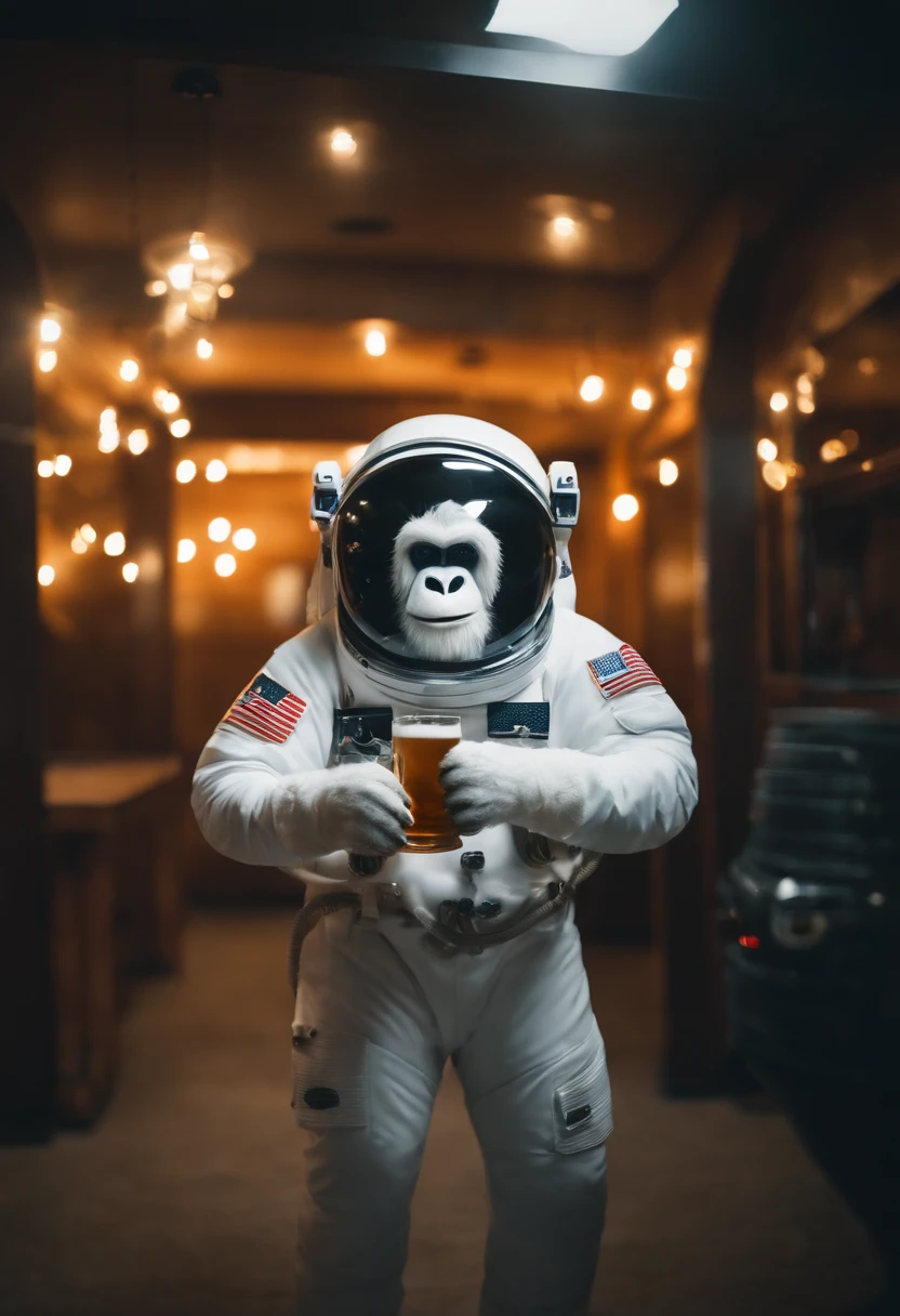 A white Yeti themed Astronaut costume, yeti head, floating in space, empty space, in the distant center holding a beer, depth of field, focus on the beer, full body portrait, advertisement style, no words