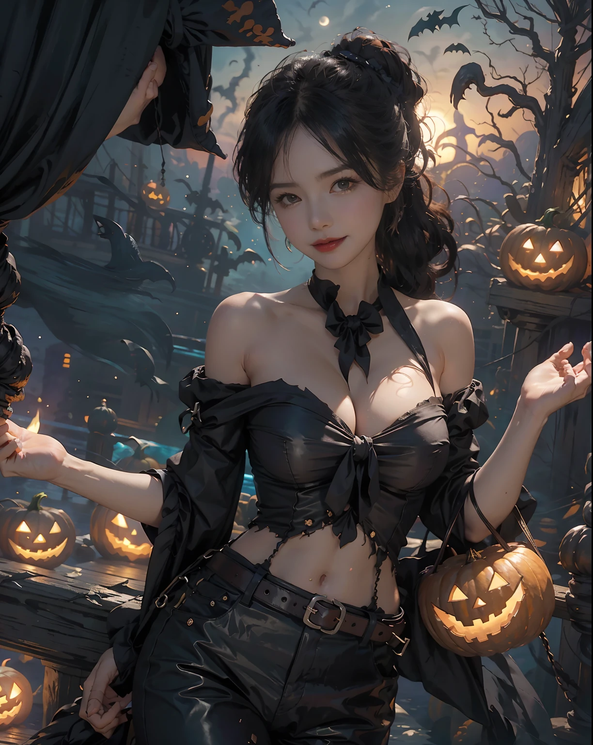 pirate, torn blouse, medium breasts, brown leather pants, toned body, cyan hair, ponytail hair, waist length hair, confident smirk, pirate ship, tentacles reaching for her body, tentacles wrapped around her legs, night time, lanterns lighting the area, ((halloween_theme:1.2)), (halloween pumkins:1.2), ((on pirateship)), ((moon background))