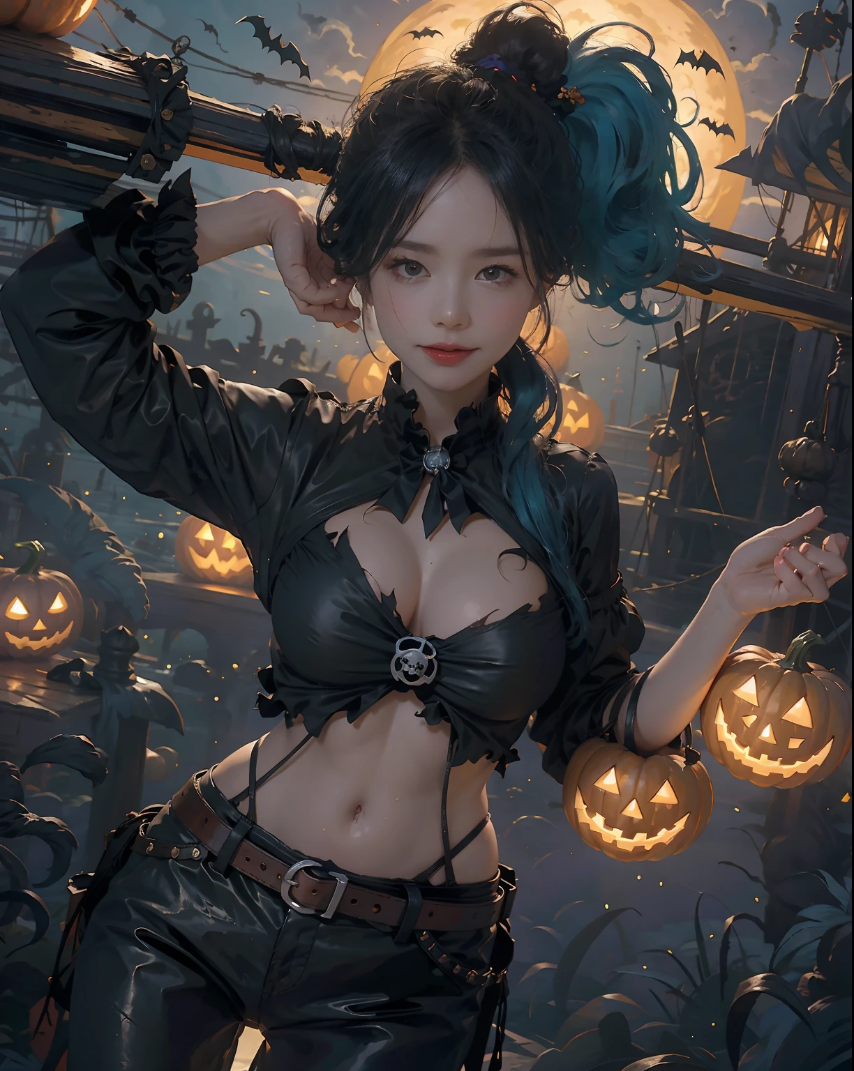 pirate, torn blouse, medium breasts, brown leather pants, toned body, cyan hair, ponytail hair, waist length hair, confident smirk, pirate ship, tentacles reaching for her body, tentacles wrapped around her legs, night time, lanterns lighting the area, ((halloween_theme:1.2)), (halloween pumkins:1.2), ((on pirateship)), ((moon background))