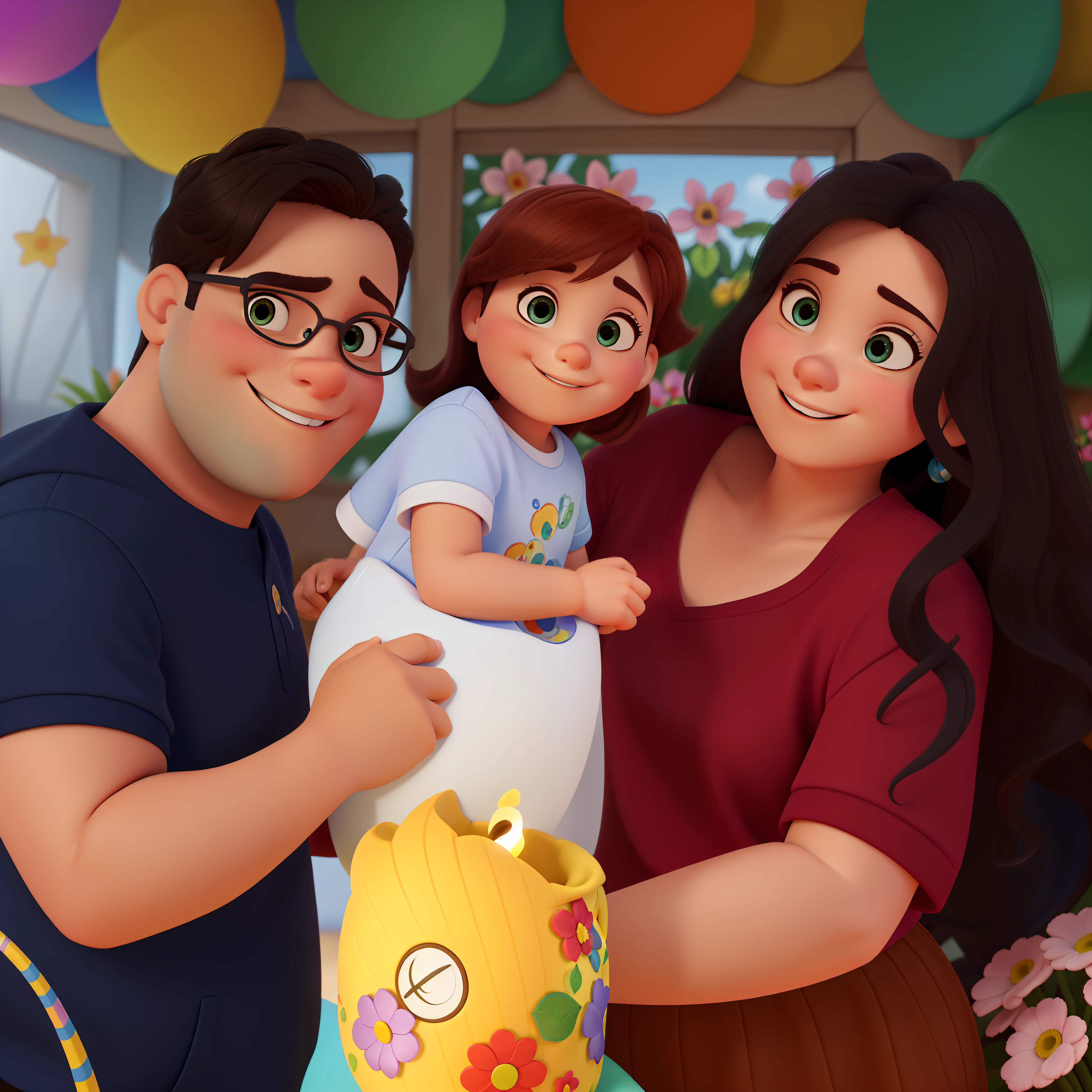 A Disney Pixar-style family, alta qualidade, best quality, ultra-detalhado, Realistic, vivid colors, belos olhos detalhados, beautifully detailed lips, olhos e rosto extremamente detalhados, long eyelashes, 2meninas, cheerful expressions, roupas coloridas, dinamic poses, em um ambiente de jardim animado, cercado por flores coloridas e folhagens vibrantes, com uma atmosfera ensolarada e acolhedora, Capturando um momento alegre e emocionante, with a whimsical and playful art style, studio lighting, paleta de cores vibrantes e vivas, capturing the essence of Disney Pixar animations, with a sharp focus on character detail, bringing out the magical and imaginative world of the scene, com um efeito bokeh adicionando profundidade e foco nos personagens, in a digitally rendered illustration, similar to a 3D animation, com uma pitada de nostalgia e uma qualidade atemporal, Criando uma obra-prima.