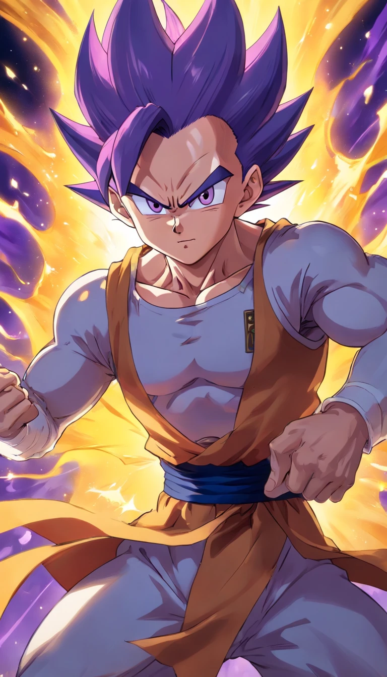 The perfect art of Vegeta's superego, Purple hair and eyes, Wrapped in purple energy and rays, The expression is serious, chiseled muscles, realistic shaded, incredibily detailed, perfect eyes, Perfect hands, full bodyesbian, blue attire, Dark sky in background.