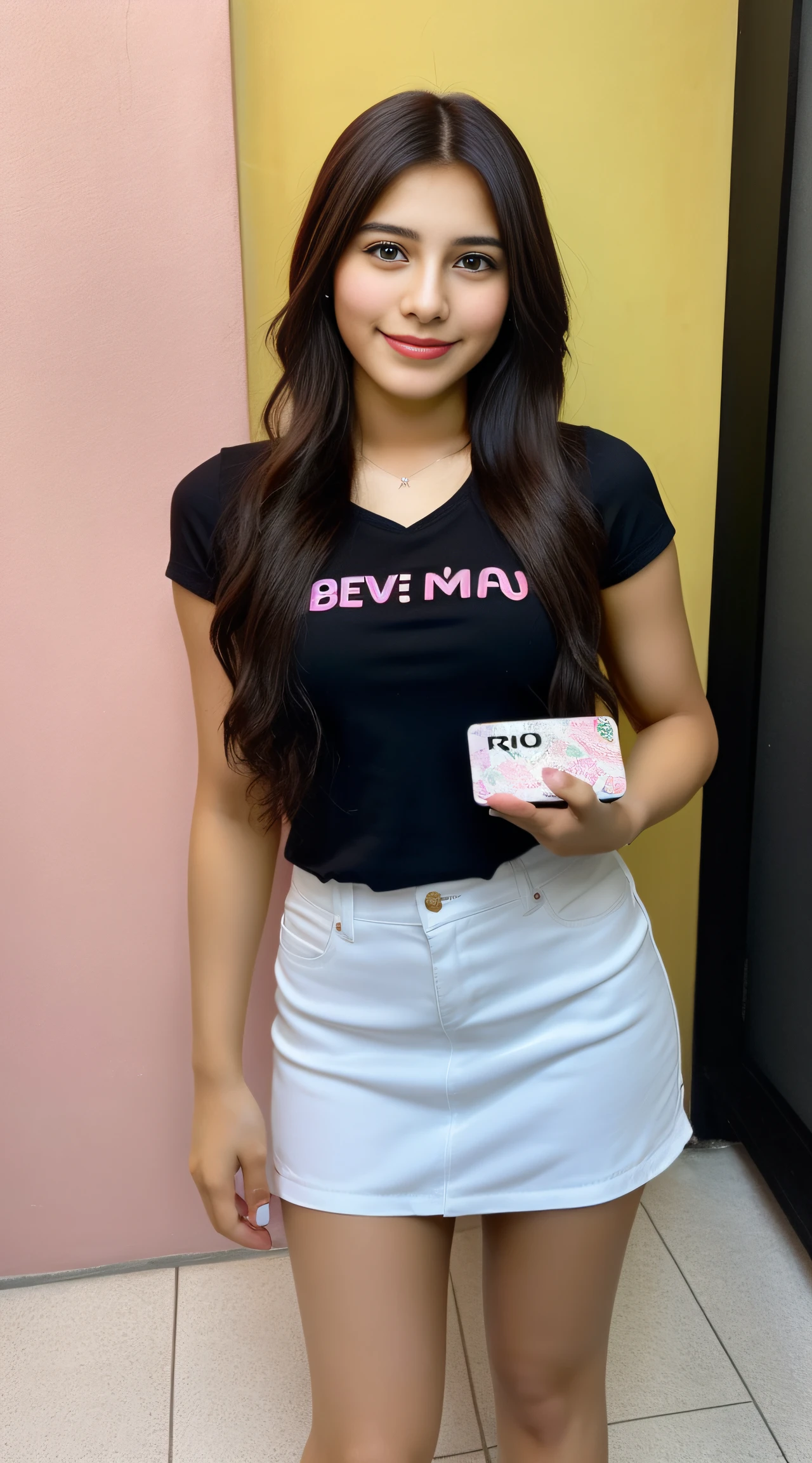 Believe me an image of a very pretty and good 20-year-old Venezuelan girl holding an RTX 4060 video card in one hand and coming out full body from head to toe and wearing sandals