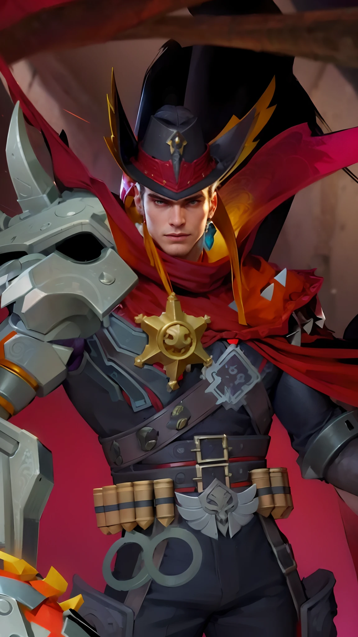 (Intricate Details, Masterpiece, Best Quality, High Resolution, 8k), (1man), (male:1.2), mature, dandy face, finely detailed eyes and face, toned body, masculine appeal, commanding presence, hot stud, bulging biceps and triceps, well-developed quadriceps and hamstrings, light skin, burgundy straight layered bangs hair, aquamarine eyes,  ornate details,  portrait, solo, half shot, looking down, detailed background, detailed face, (cogpunkai, cogpunk theme:1.1),  tech-mage,   [magic|technology], melding of spellcraft and advanced technology,  intricate [spellcasting clothes|mechanical gear], gear shaped glyphs,  ancient crystals,  [gears|ancient spell],  floating particles,  [innovative|enchanting] aura, high tech vehicle in background,   , finely detailed background, Depth of Field, VFX, young man and handsome