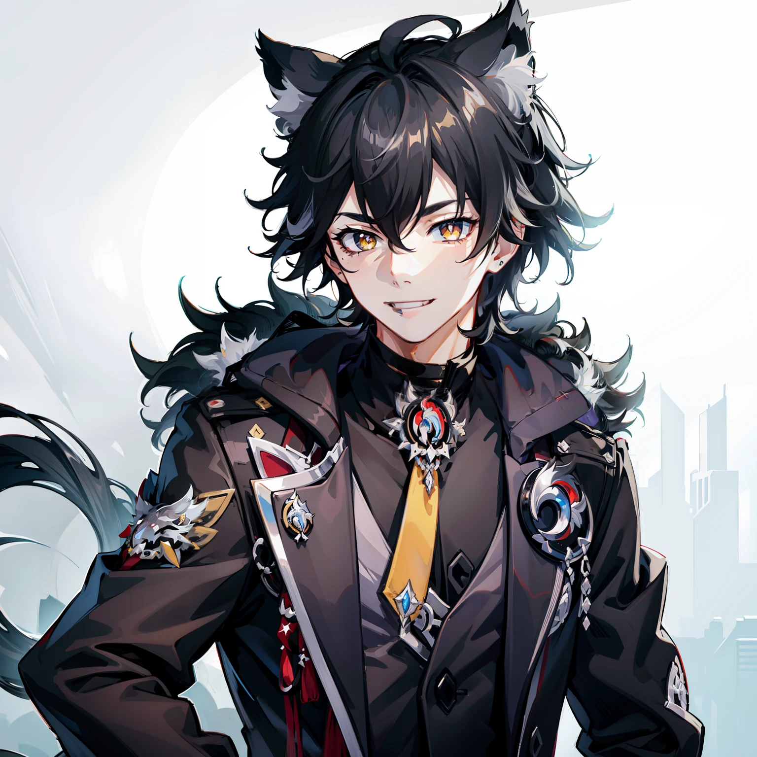 ultra-detailliert, Best Quality, finely detail, Anime Boy, Someone, 1 boy, Man's, Black hair, Medium Hair, Messy pointed hair, voluminous and untidy hair, Black fur jacket, Black clothes, Cat ears, Animal ears, Black cat tail, Black shorts, Smile, relaxed expression, Happy smile, Anime Smile, The hood around the neck is very large,, White eyes, yellow pupils, extremely detailed eye