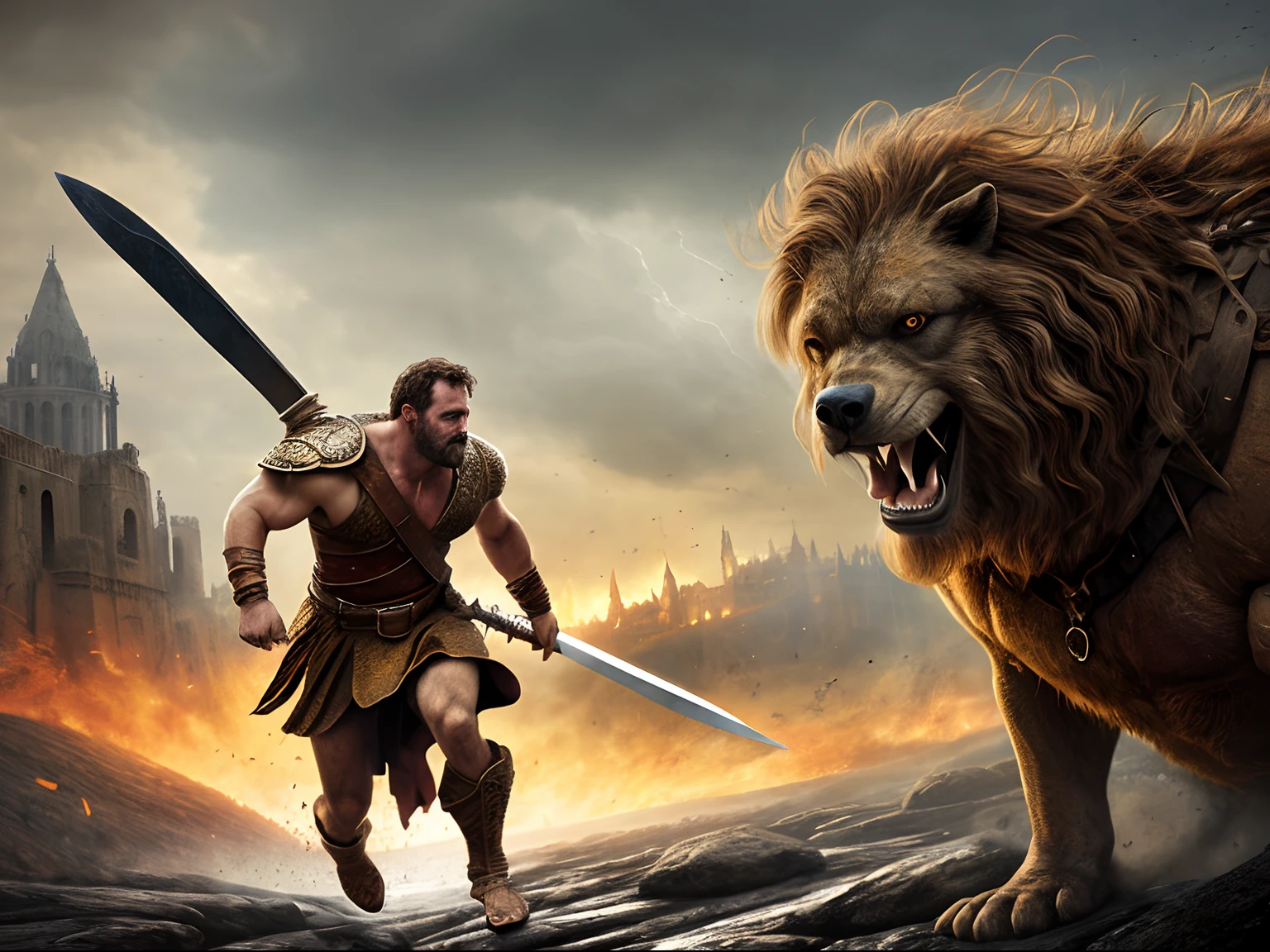 (Masterpiece) Detailed, intricate, epic fantasy, colorful, full body, slight angle, man, 40 years old, in EmotionScape style, very hulking, brawny, fitted, ankle wraps, very hairy torso, big strong hands, fine detailed, running, intense action, dynamic juxtaposition, skimpy revealing slavery outfit, receding hairline, smirk, gladiator, with a sword, blades, big ancient city on fire in the background, heavy rain, smoggy, pointing away, depth of field, particle effects, high quality shadows, intense action, aggressive digital illustrations, emotive landscapes,