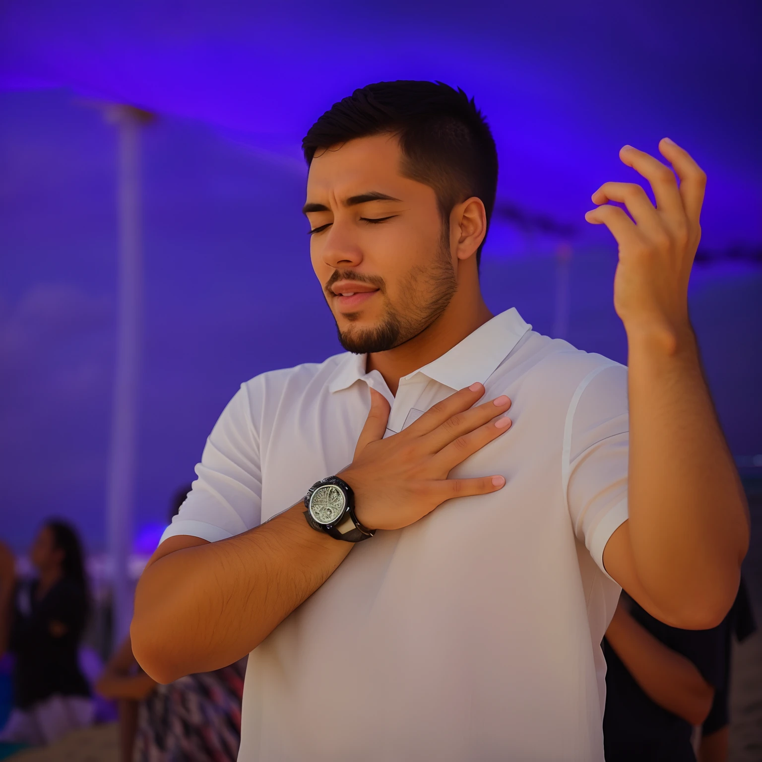 Man on the beach with his hands up, With eyes closed towards the moon.