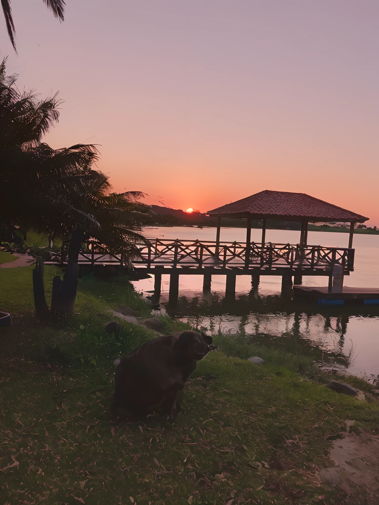 There is a small dock on the water with a boat in the distance, during sunset, with sunset, in the sunset, in the nighttime, during a sunset, at a beautiful sunset, taken with sony a7r camera, day setting, Tirado com Canon EOS 5 D, dusk setting, durante a madrugada, tirada na hora dourada