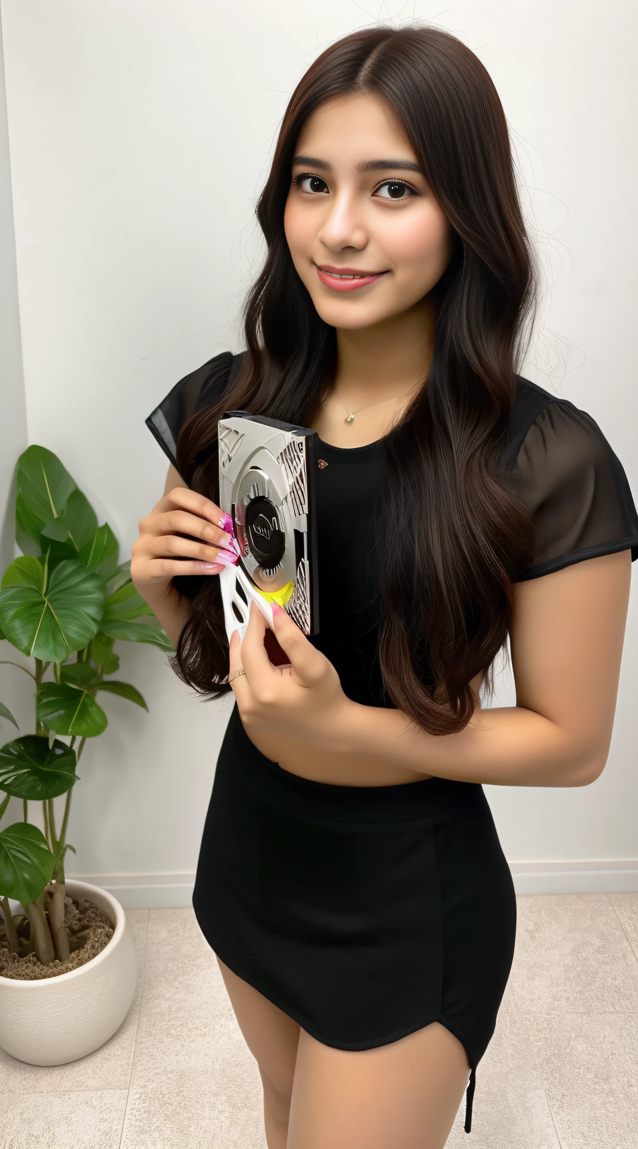Believe me an image of a very pretty and good 20-year-old Venezuelan girl holding an RTX 4060 video card in one hand and coming out full body from head to toe and wearing sandals
