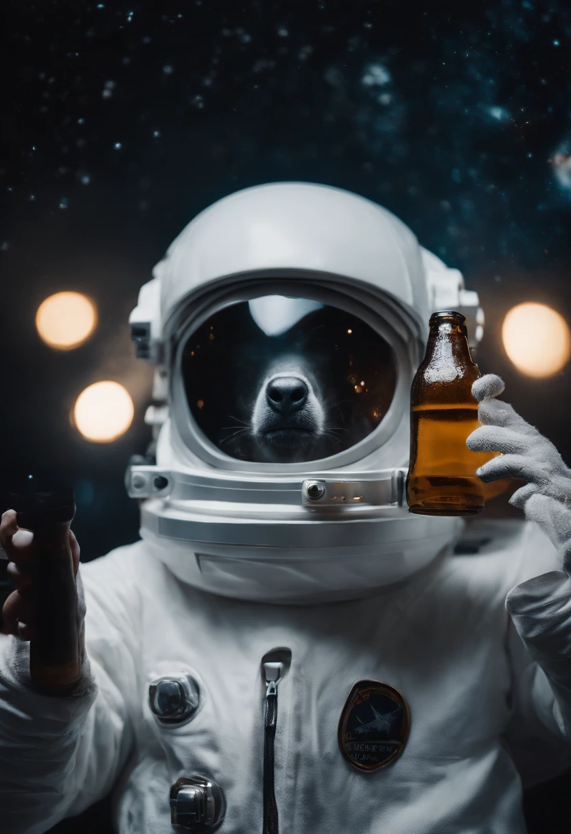 A white Yeti themed Astronaut costume, yeti head, in outer-space, astrophotography , in the distant center holding a beer, depth of field, focus on the beer, full body portrait, advertisement style, no words