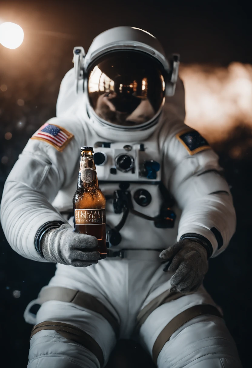 A white Yeti themed Astronaut costume, yeti head, in outer-space, astrophotography , in the distant center holding a beer, depth of field, focus on the beer, full body portrait, advertisement style, no words