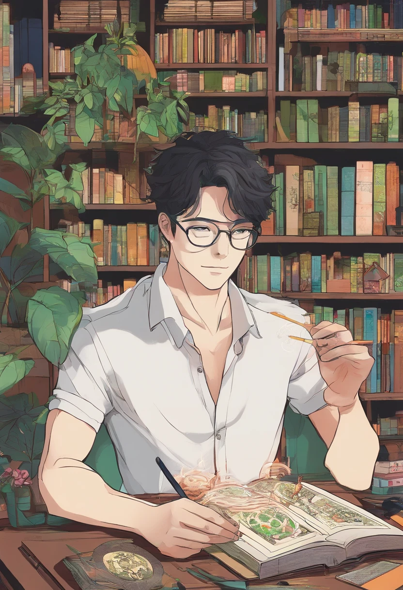 Homem branco, 30 anos, loiro, cabelo ondulado, Green eyes with glasses, Sitting at table with incense, livros e Tarot, In the background a bookshelf with books next to a window with a Siamese cat and plants.