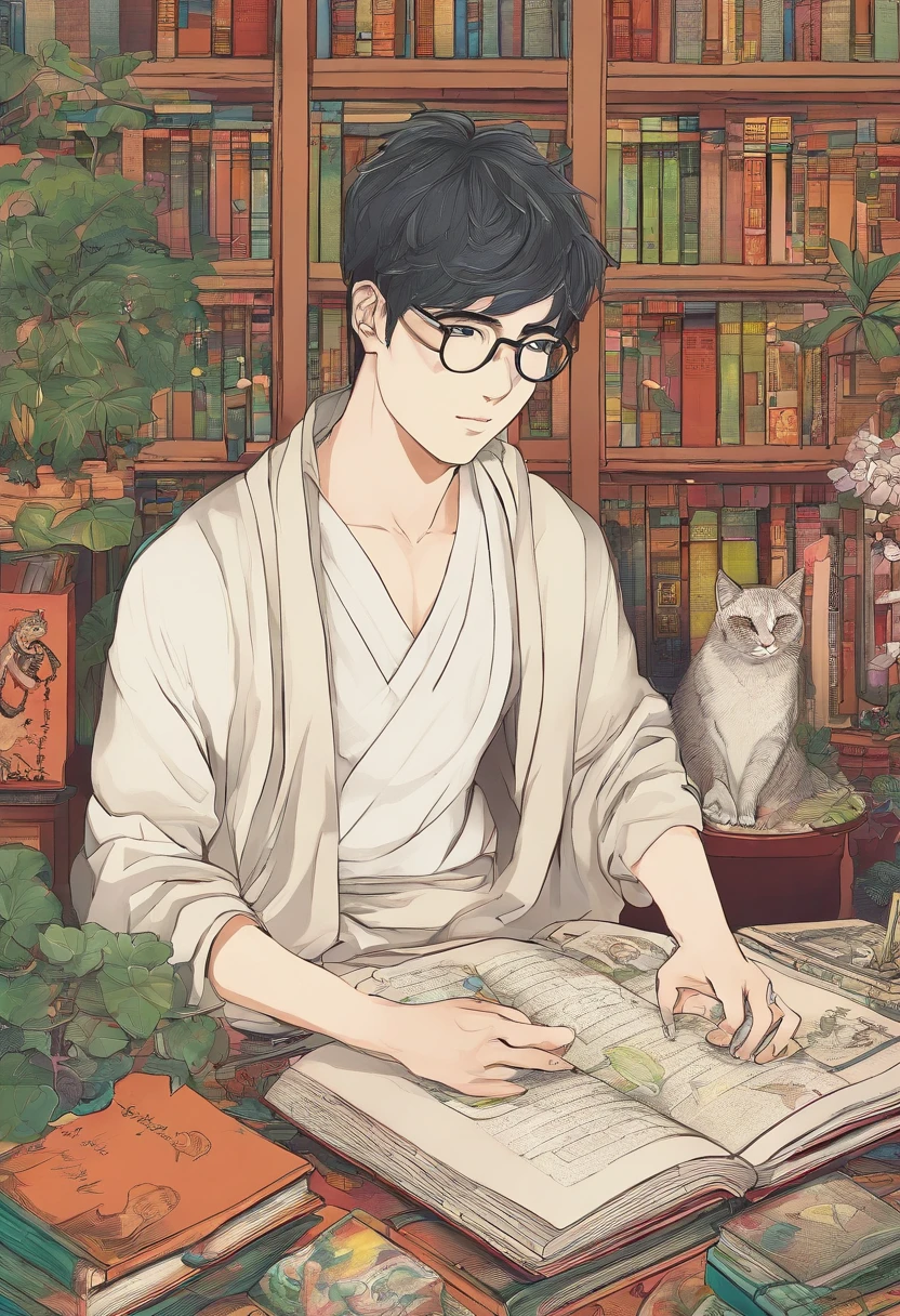 Homem branco, 30 anos, loiro, cabelo ondulado, Green eyes with glasses, Sitting at table with incense, livros e Tarot, In the background a bookshelf with books next to a window with a Siamese cat and plants.