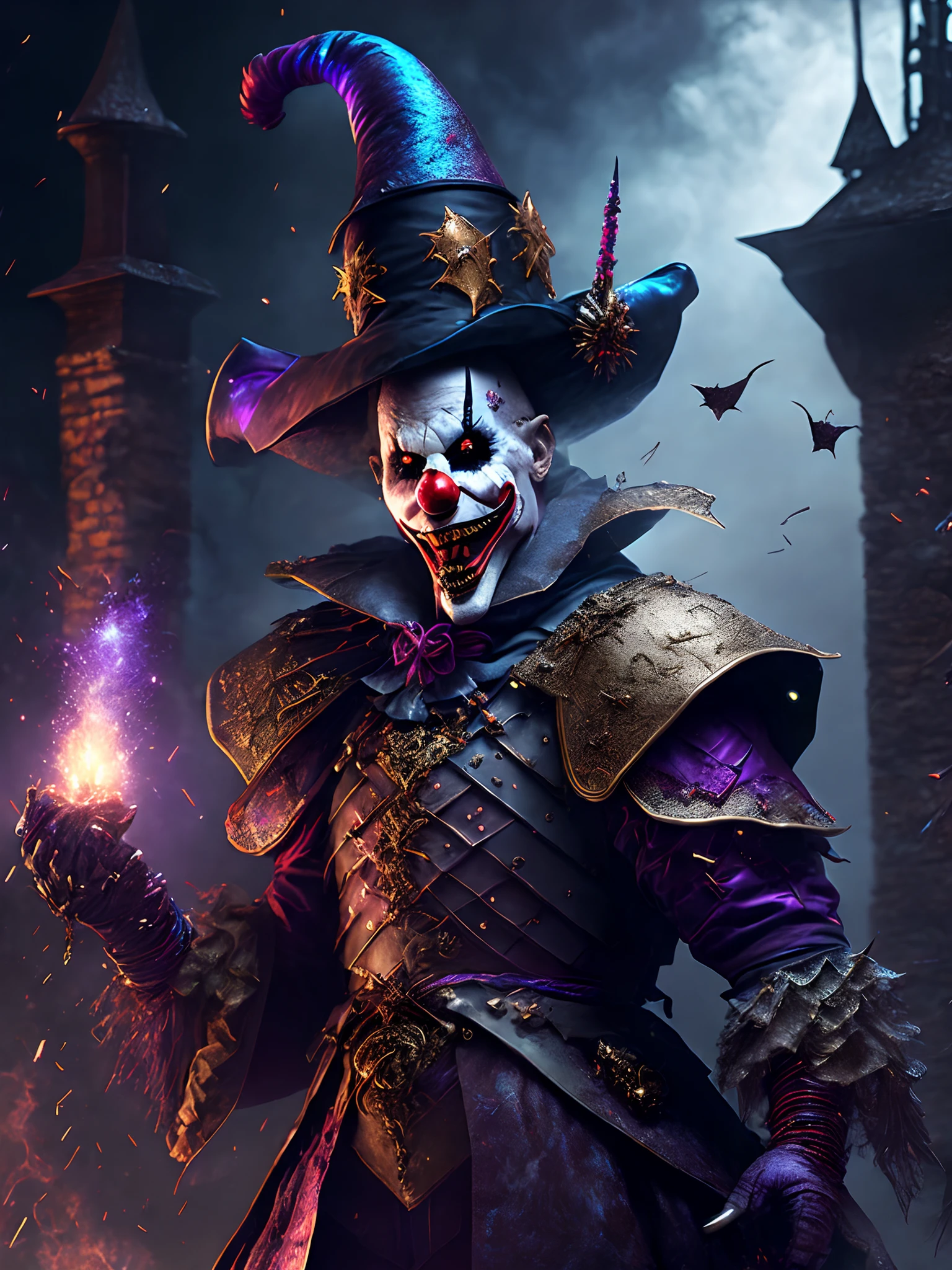 Close-up ( Killer-clown wearing a colorful witch costume from Friday 13th in Goth style: 1.3) emerging from the Witches old castle, extremely detailed, smoke, sparks, metal shavings, flying debris, volumetric light