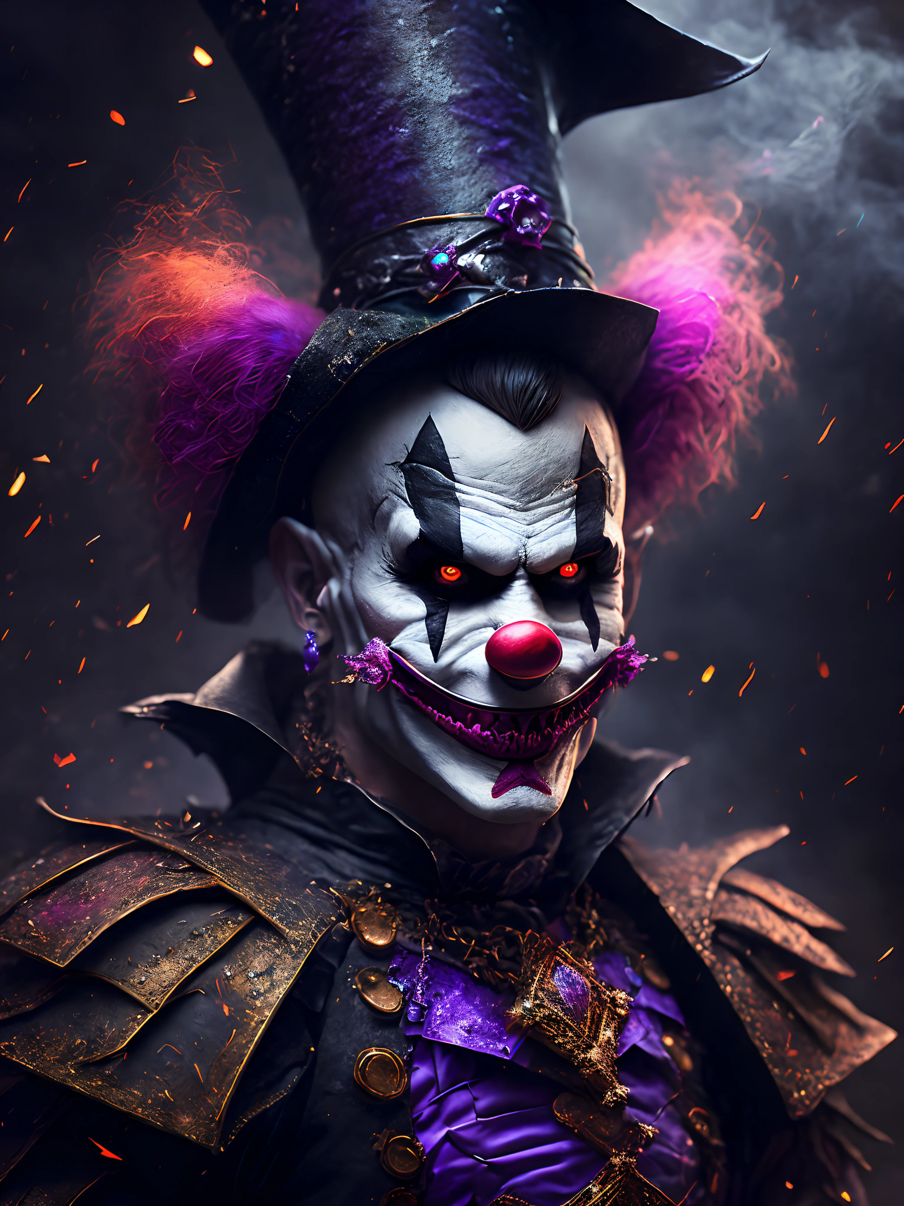 Close-up ( Killer-clown wearing a colorful witch costume from Friday 13th in Goth style: 1.3) emerging from the Witches old castle, extremely detailed, smoke, sparks, metal shavings, flying debris, volumetric light