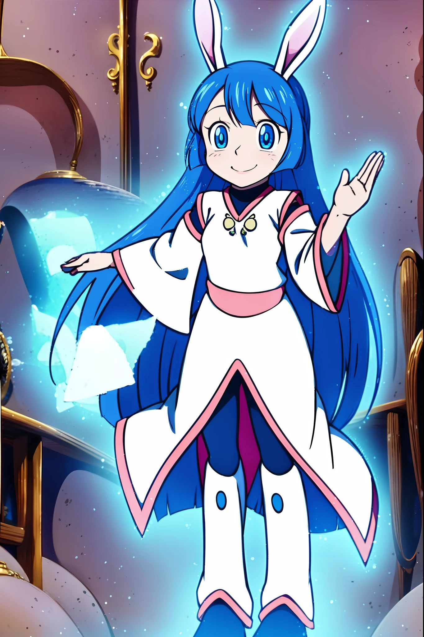 luna tsukino,long robe,rabbit ears,long hair,blue eyes,blue hair,smiling,smile,happy,medium breast,standing,illustration,highest quality,ultra-detailed,realistic,vivid colors,warm tones,soft lighting
