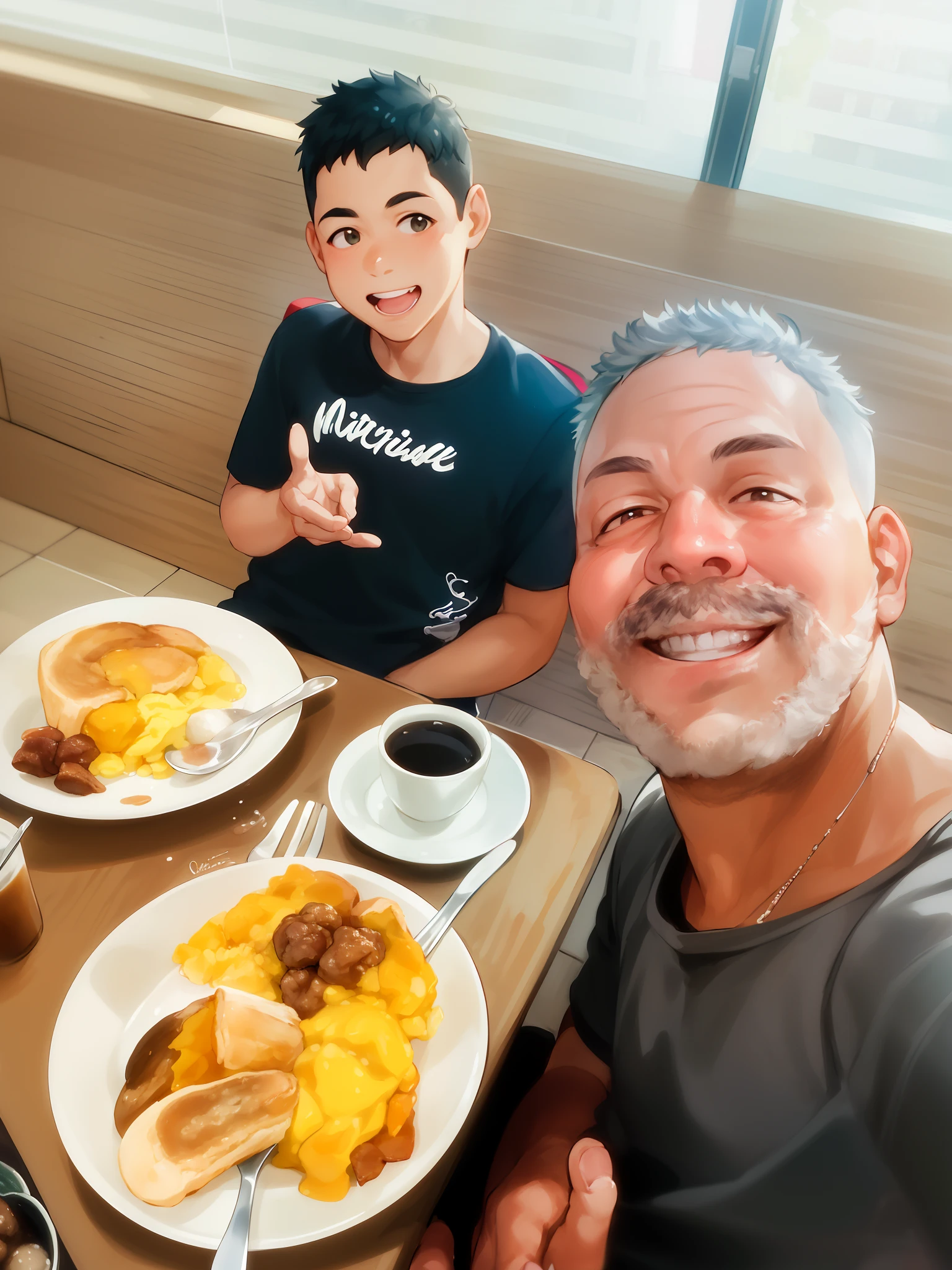 There are two men sitting at a table with breakfast food, 🔞🤡, with a , caio santos, Ronaldo brasileiro, foto de perfil, cabrito, breakfast, morning, Pablo Carpio e Jordan Grimmer, Postagem 4k, 4 k post, Bom dia, morning hour, Directed by: Felipe Seade, exclusivo, Directed by: Willie Ito, daniel mirante