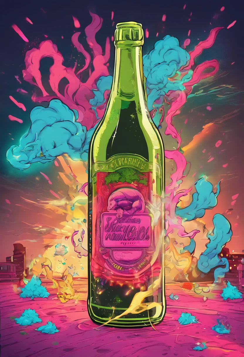 a bottle of sparkling wine with smoke and neon lights