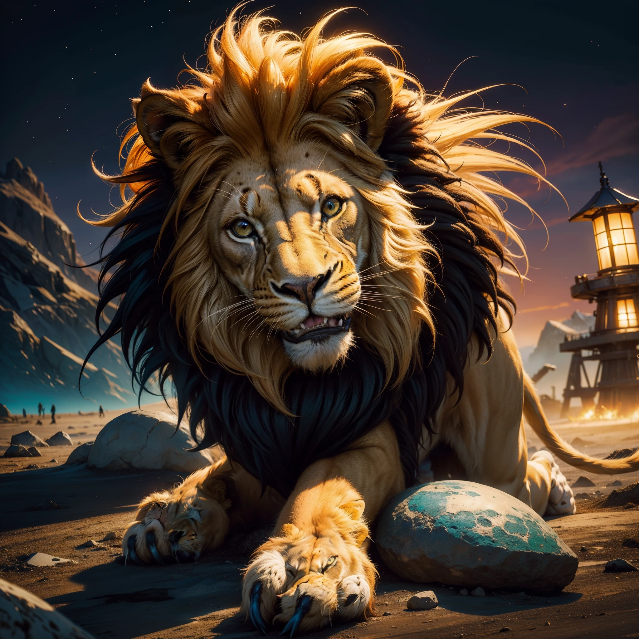 (Un grand lion africain rastafari) with vibrant colors in the style of Steel Pulse's Living Legacy album cover : Create a footprint of a lion, Symbole important dans (Culture rastafari), with vivid colors and intricate details. Explorez la combinaison de rouge, jaune et vert, What are the representative colors of the movement???. Darkfield and lighting in the image to make it stand out, Contrast between figures and backgrounds, . Image with 300 dpi resolution, Contrasting lighting between the figure and the background, Interesting and eye-catching image, Hyper-detailed and ultra-high-resolution, image vectorielle. Centered image, symmetry, (fond noir), hyper detailed