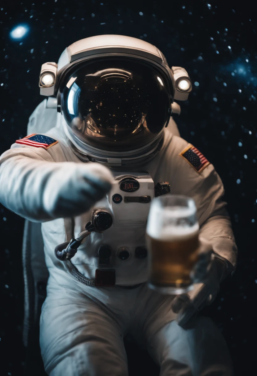 A white Yeti themed Astronaut costume, yeti head, in outer-space, astrophotography , in the distant center holding a beer, depth of field, focus on the beer, full body portrait, subject in the center of the frame, advertisement style, no words