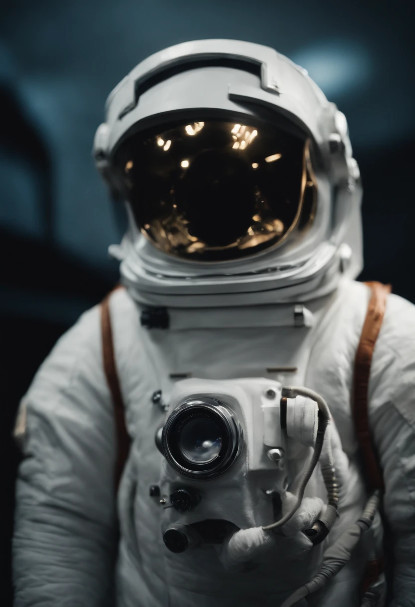 A white Yeti themed Astronaut costume, yeti head, in outer-space, astrophotography , in the distant center holding a beer, depth of field, focus on the beer, full body portrait, subject in the center of the frame, advertisement style, no words