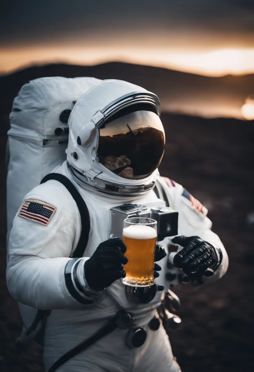 A white Yeti themed Astronaut costume, yeti head, in outer-space, astrophotography , in the distant center holding a beer, depth of field, focus on the beer, full body portrait, subject in the center of the frame, advertisement style, no words