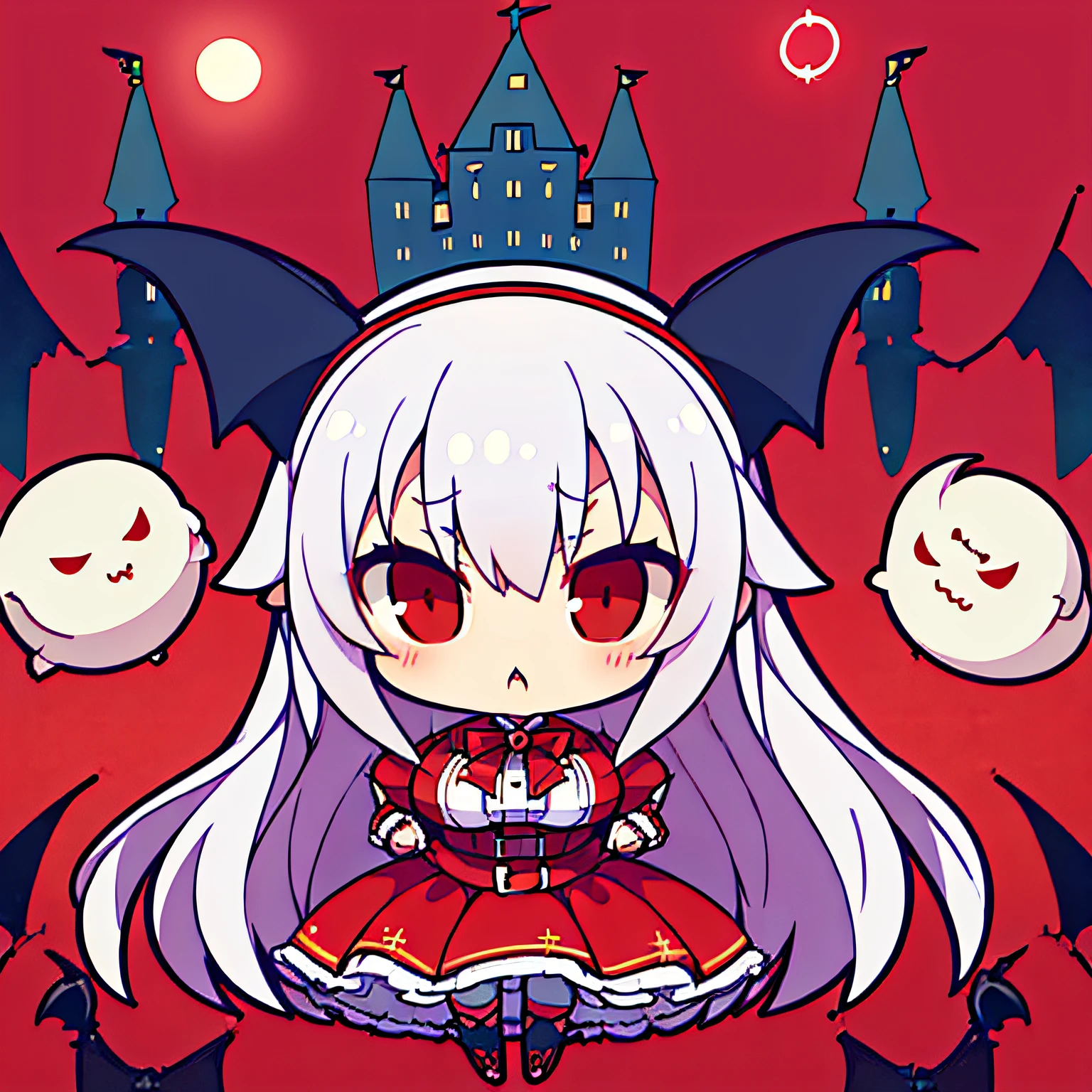 tchibi, (nendoroid), ((worst quality, low-quality)), ((vampire girl)), Solo, ((Big breasts)), ((Long silver hair)), Hair over one eye, plump shiny lips, Beautiful clear eyes, Spoken Heart, ((Dracula)), Vampire, Gothic ta, fishnet tights, embarrassed, Leaning forward, White Ghost, (((the bats))), (Suspicious light, Red Moonlight:1.4), (( Moon on a red background,Old castle:1.3)), high-angle shot, masutepiece,Best Quality,ultra-detailliert,