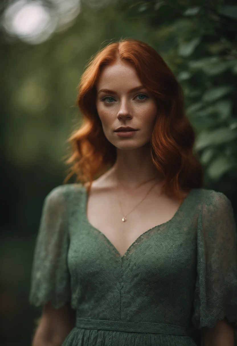 Portrait of a young redhead influencer with green eyes and freckles. And a very nice fashionable style of dress