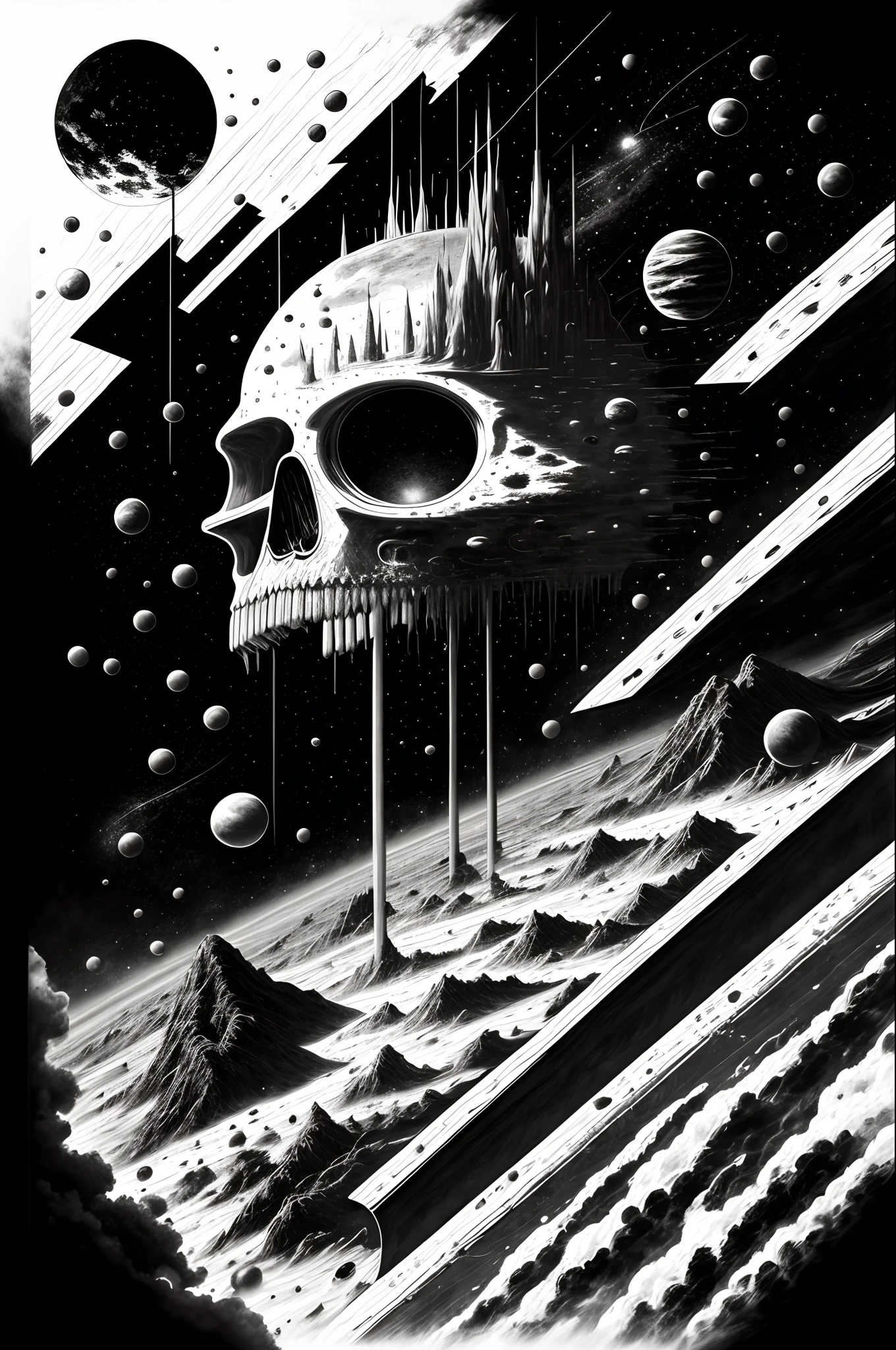 alternative rock style album cover in black and white space theme