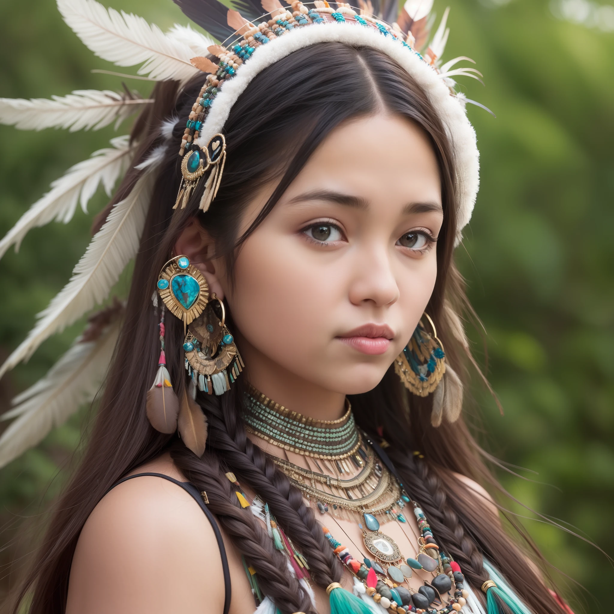 (full portrait), (half shot), earth, detailed background, detailed face, (stonepunkAI, stone theme: 1.1), sage, (woman), (Native American), (beautiful hair, braids: 0. 2), shaman, septum piercing, mystical, (beautiful face), stunning, head tilted upward, (eyes slightly open, serene expression), calm, meditating, dress made of two moose skins sleeveless cube dress with arm slits, tribal leader's feathers in hair, headdress:0.33, jade, obsidian, colorful clothing, cleavage, realistic skin