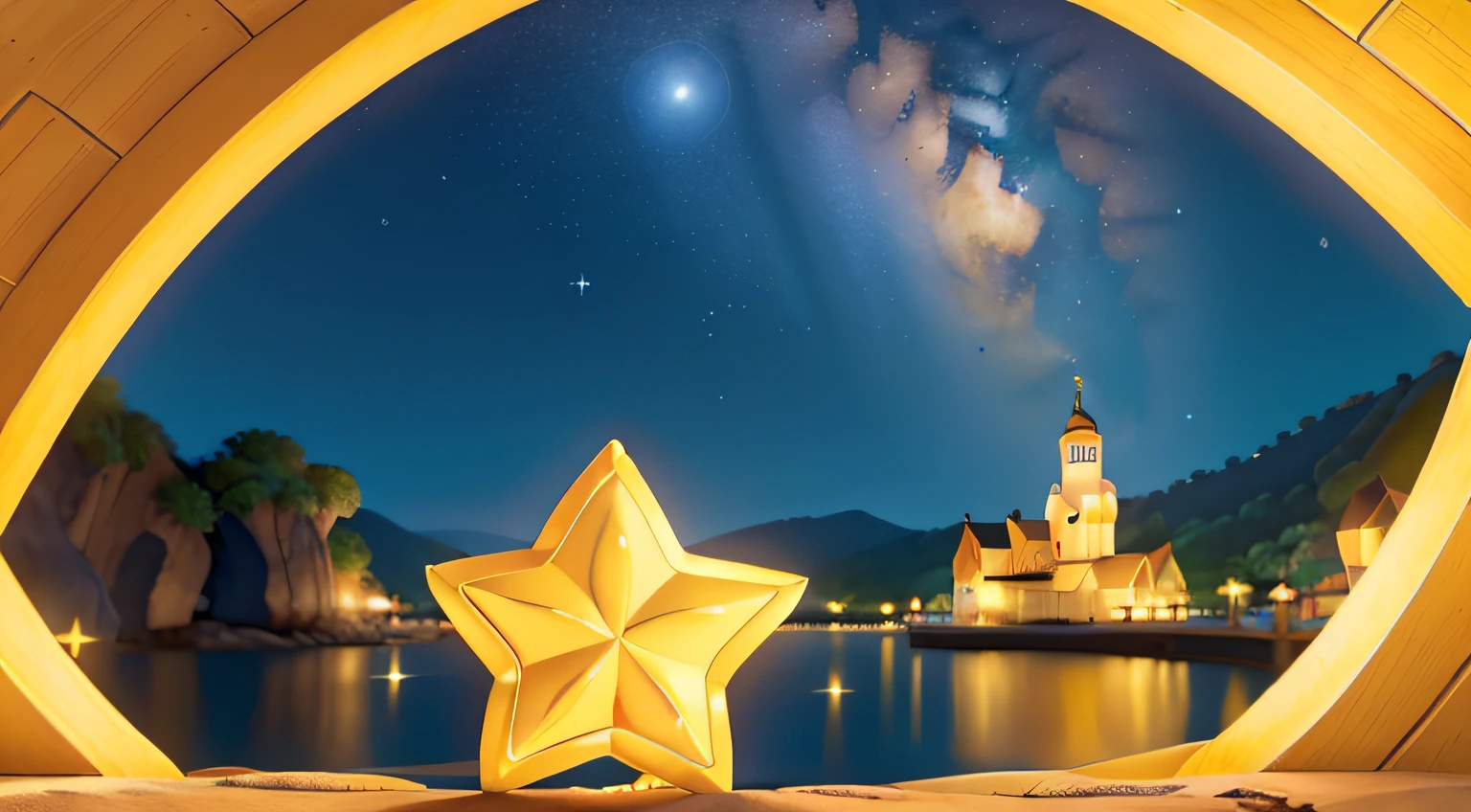 A beautiful yellow 5-pointed star that is smiling with open eyes, Showing great happiness in a night sky full of other smaller stars, Its light reflected in the waters of the sea, Estilo Disney Pixar, alta qualidade, melhor qualidade